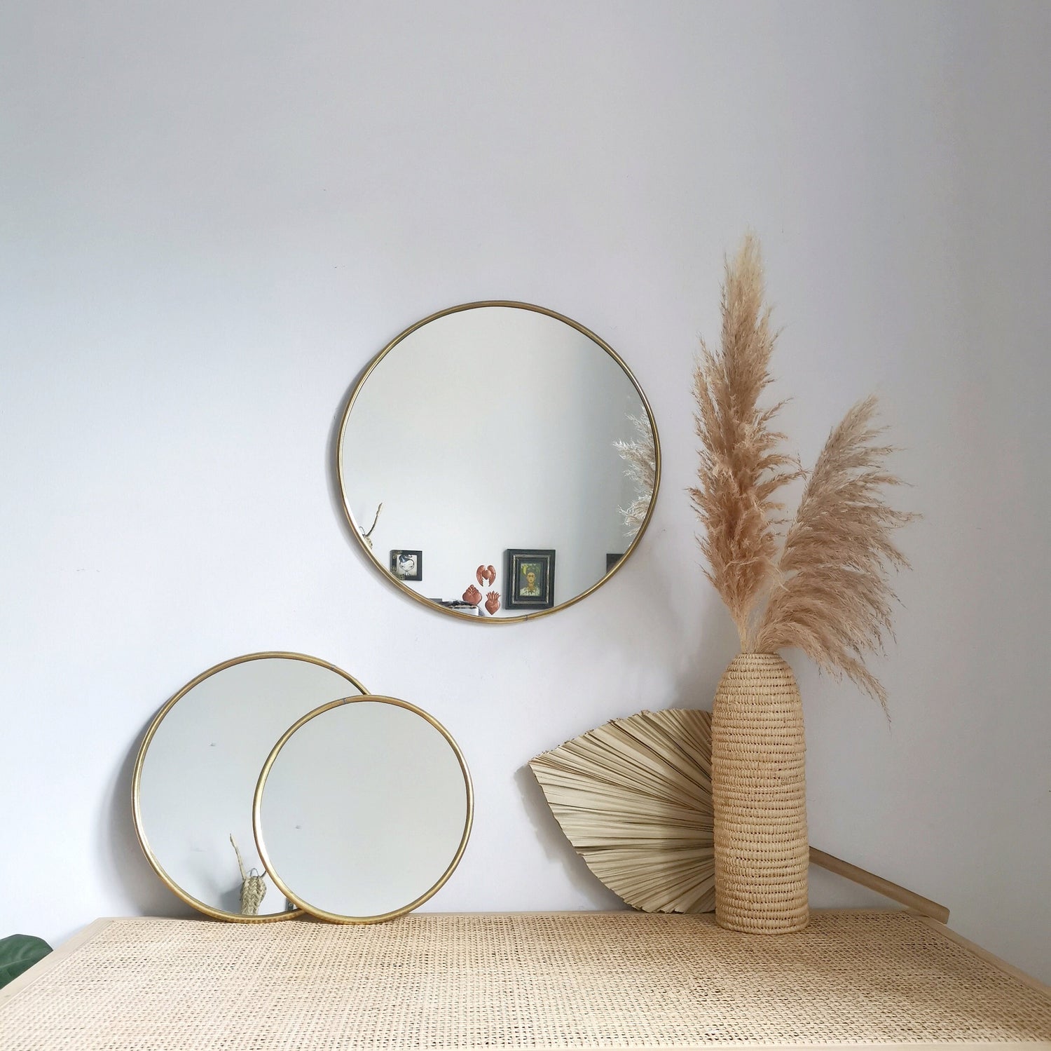 Round mirror, mirror with golden brass frame, round wall mirror, handmade from Morocco