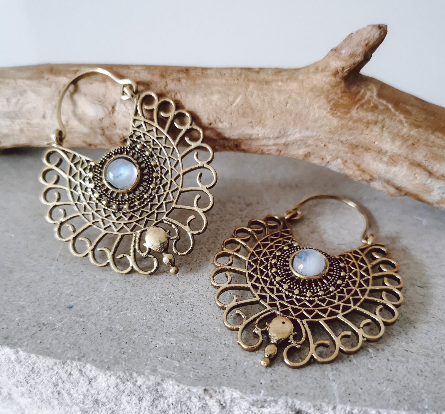 Brass earrings with moonstone, mandala earrings, moonstone earrings gold, boho earrings, hippie jewelry