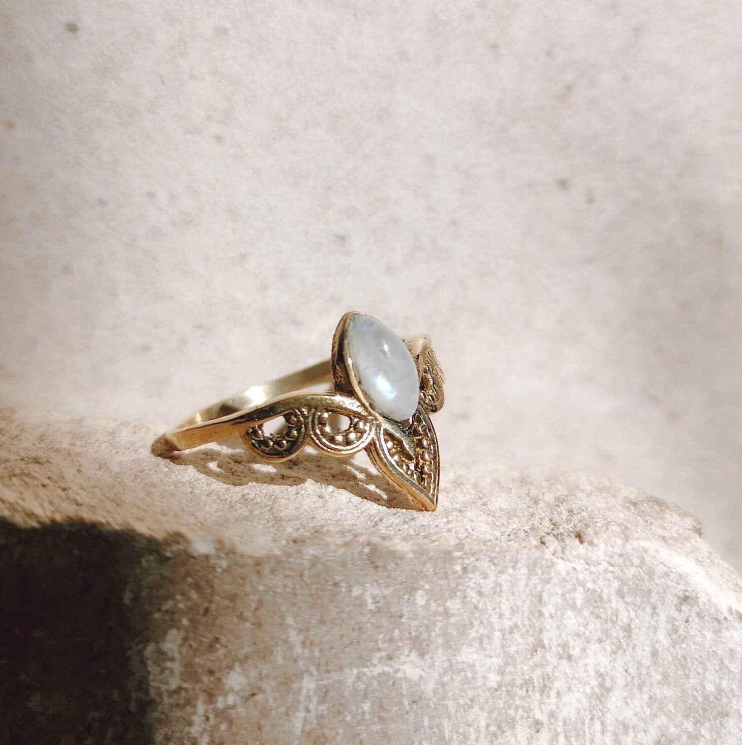 Ring with moonstone, tiara crown ring, stacking ring, boho ring, hippie ring, golden ring with moonstone