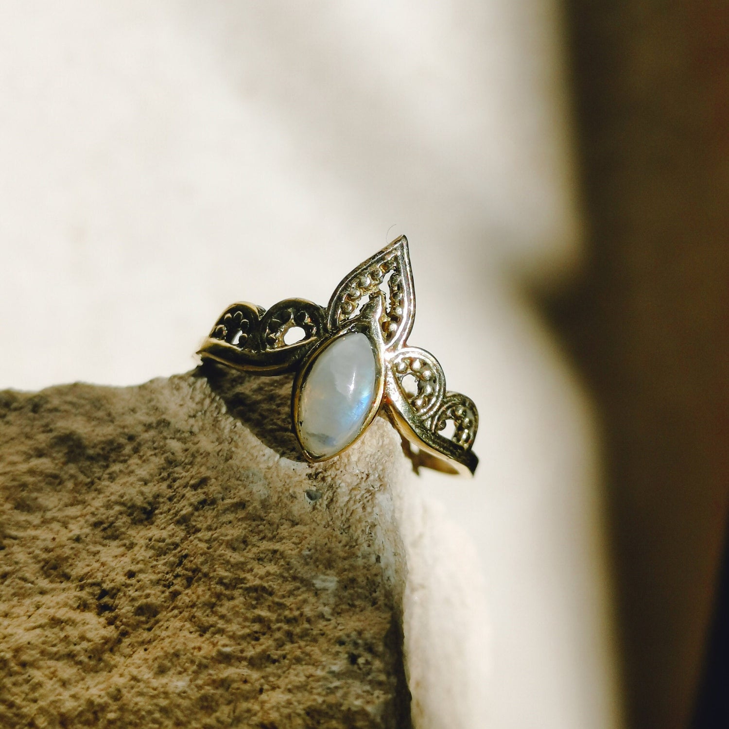 Ring with moonstone, tiara crown ring, stacking ring, boho ring, hippie ring, golden ring with moonstone