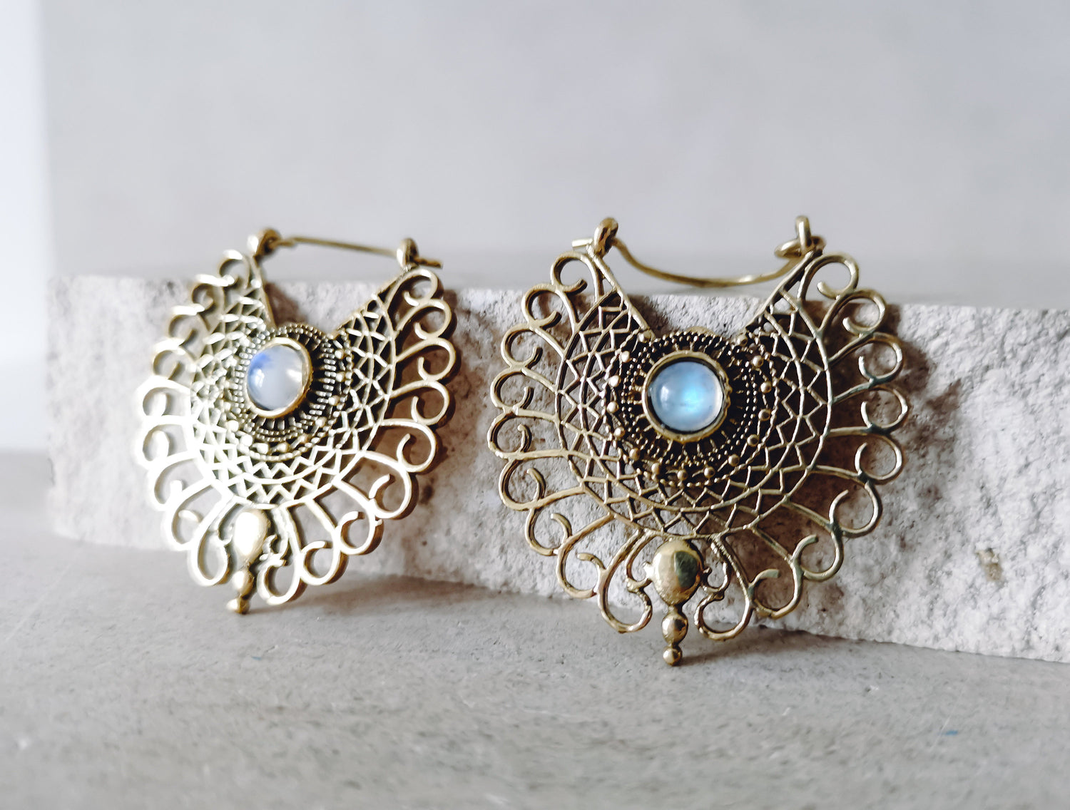 Brass earrings with moonstone, mandala earrings, moonstone earrings gold, boho earrings, hippie jewelry
