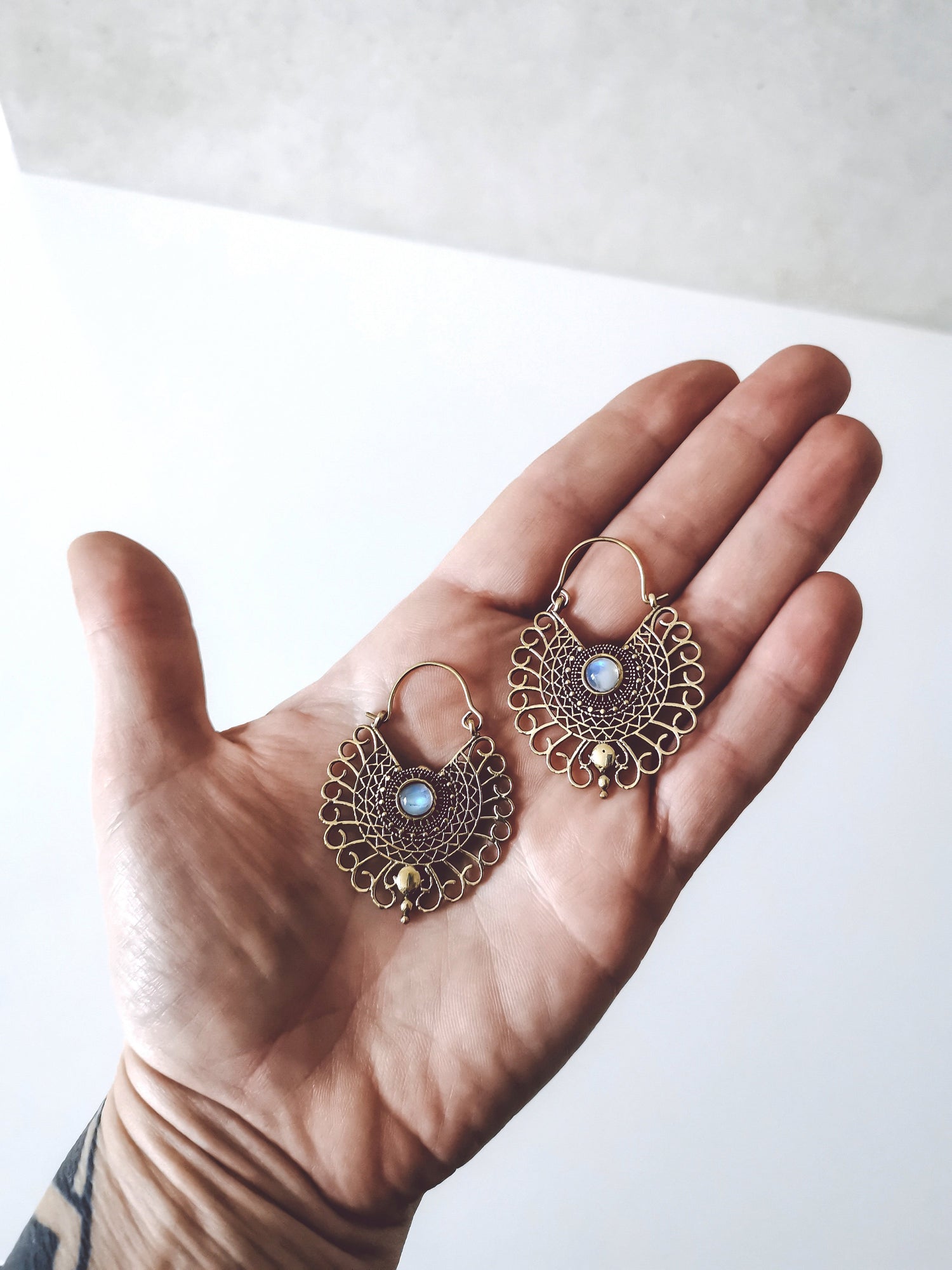 Brass earrings with moonstone, mandala earrings, moonstone earrings gold, boho earrings, hippie jewelry