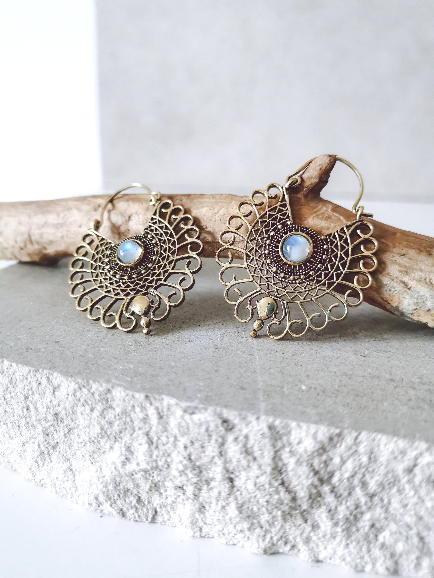Brass earrings with moonstone, mandala earrings, moonstone earrings gold, boho earrings, hippie jewelry