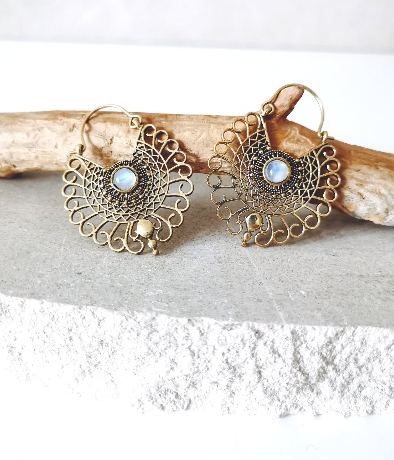 Brass earrings with moonstone, mandala earrings, moonstone earrings gold, boho earrings, hippie jewelry