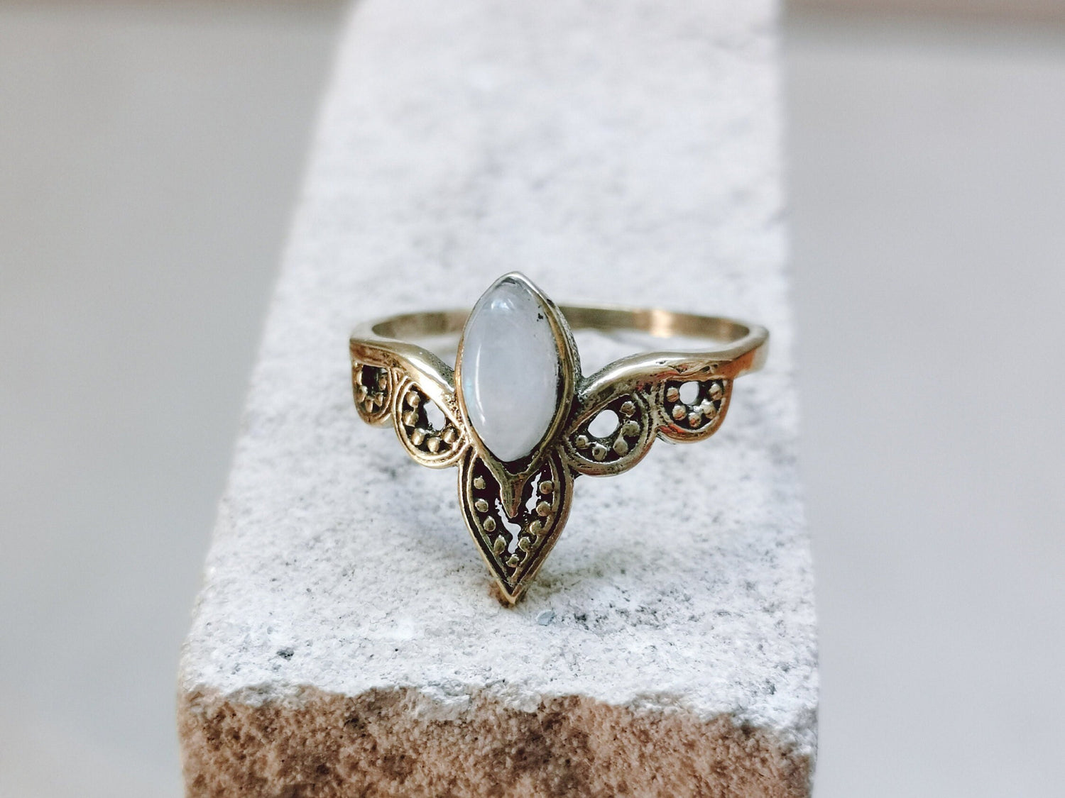 Ring with moonstone, tiara crown ring, stacking ring, boho ring, hippie ring, golden ring with moonstone