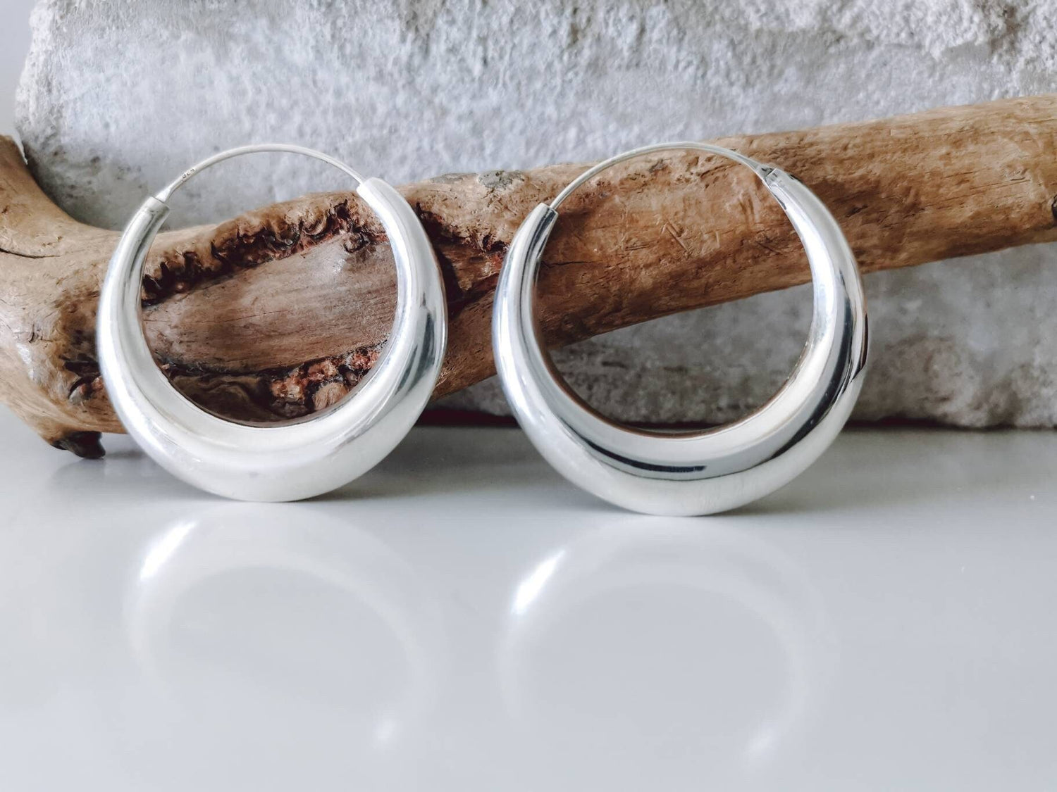 Silber 925 Halbmond Creolen, Chunky Sterling Silber Creolen 40 mm, Minimalistische breite Creolen