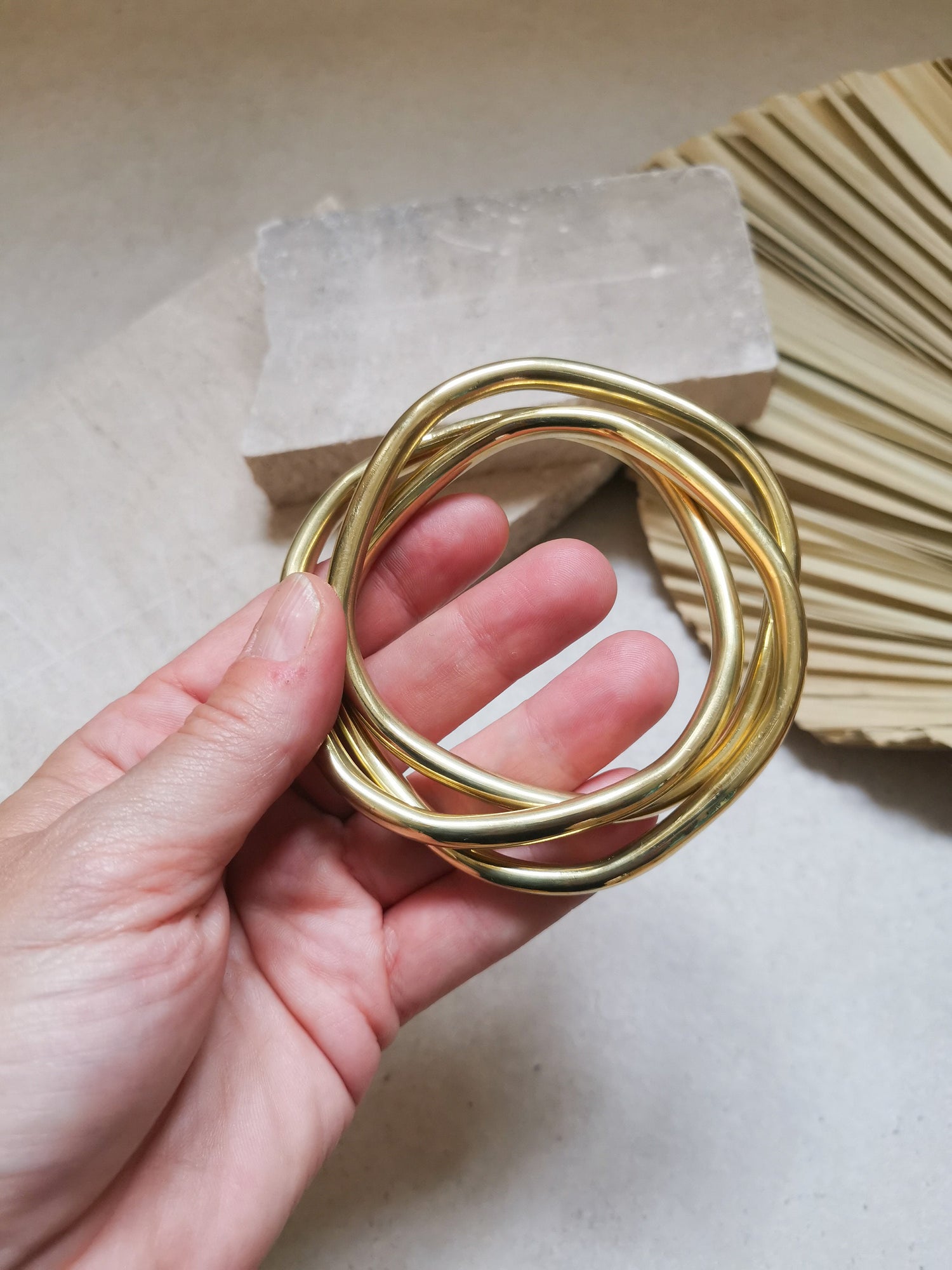 Chunky bracelet made of golden brass, square statement bracelet, wide bangles, tribal golden bangle made of 3 hoops, trio bracelet