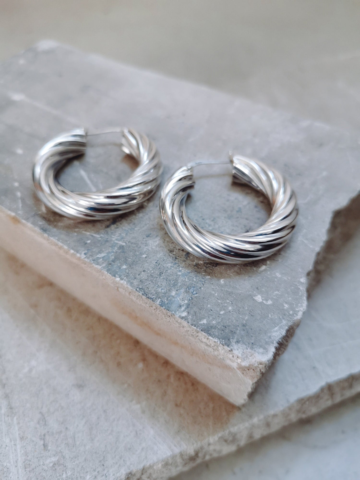 Twist Chunky Silber 925 Creolen, Statement Ohrringe aus Sterling Silber, Breite massive Creolen 35 mm