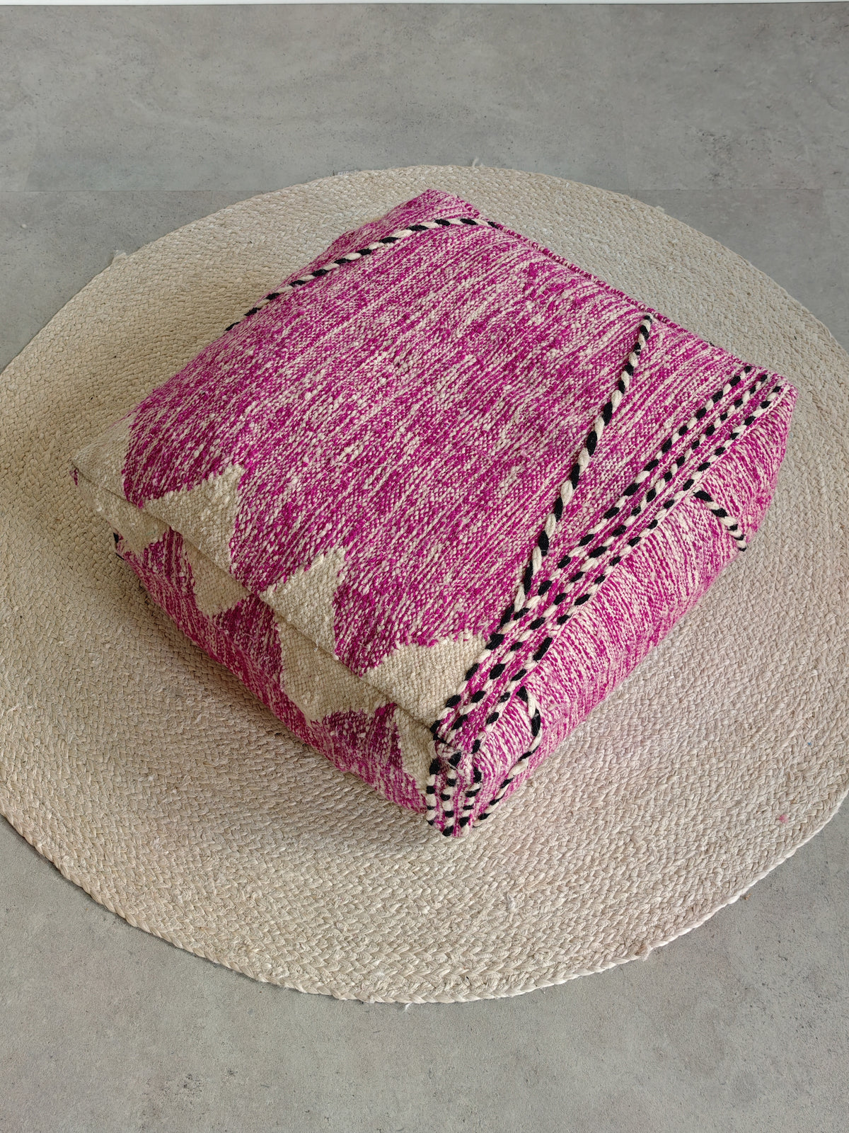 Vintage Berber Pouf from Morocco, Purple Kilim Floor Cushion, Handmade Wool Pouf with Geometric Patterns
