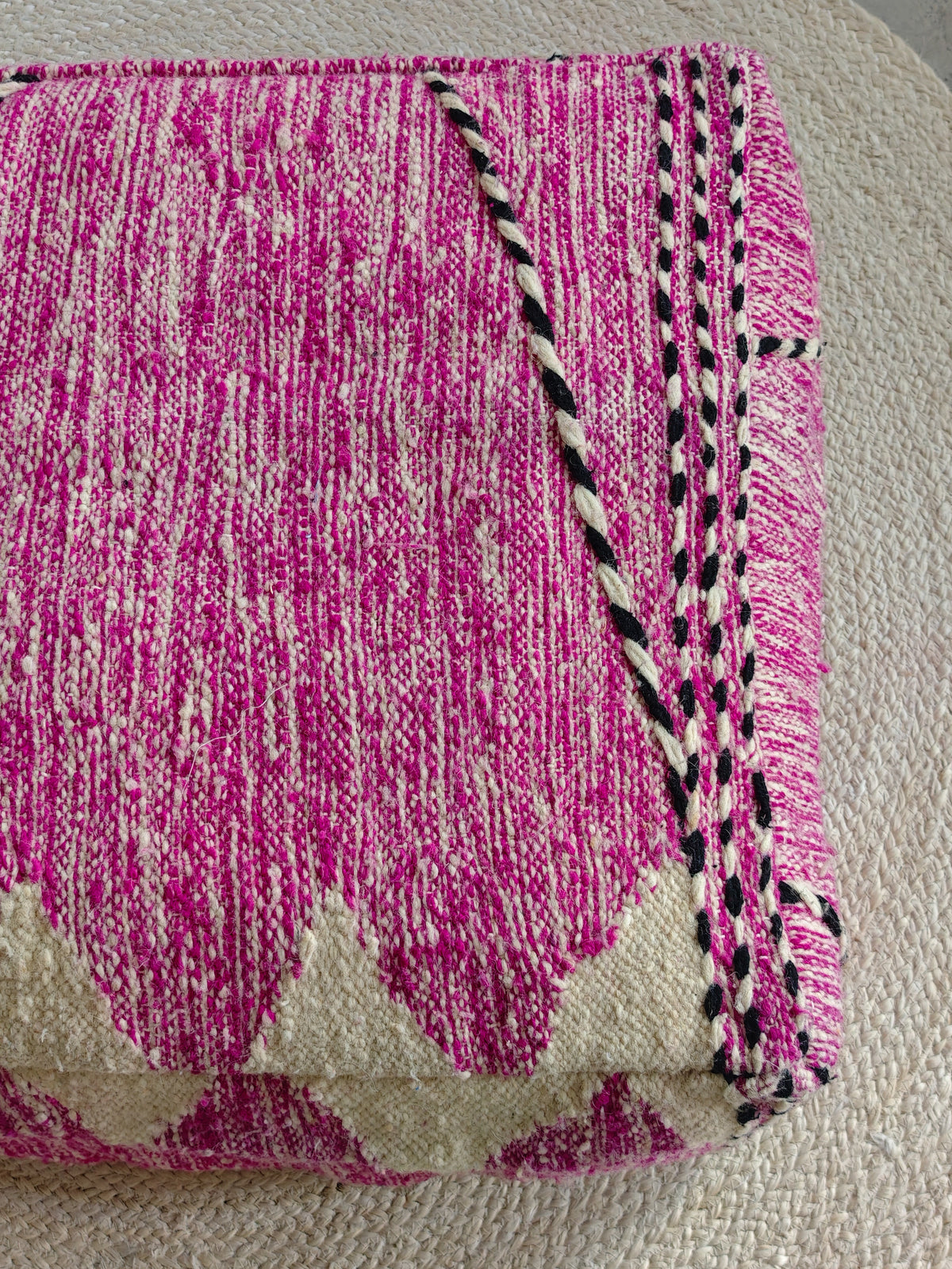 Vintage Berber Pouf from Morocco, Purple Kilim Floor Cushion, Handmade Wool Pouf with Geometric Patterns
