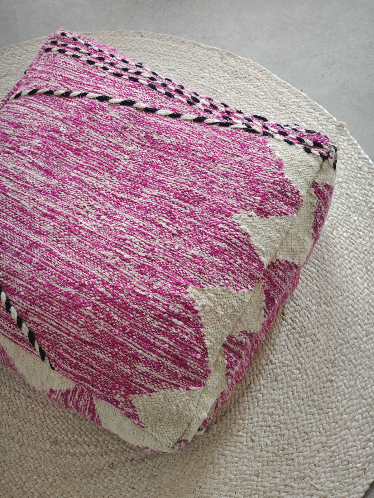 Vintage Berber Pouf from Morocco, Purple Kilim Floor Cushion, Handmade Wool Pouf with Geometric Patterns