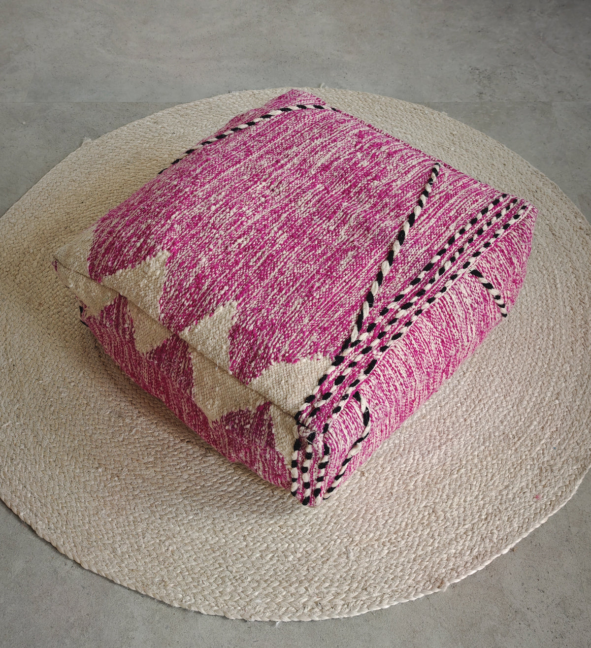 Vintage Berber Pouf from Morocco, Purple Kilim Floor Cushion, Handmade Wool Pouf with Geometric Patterns