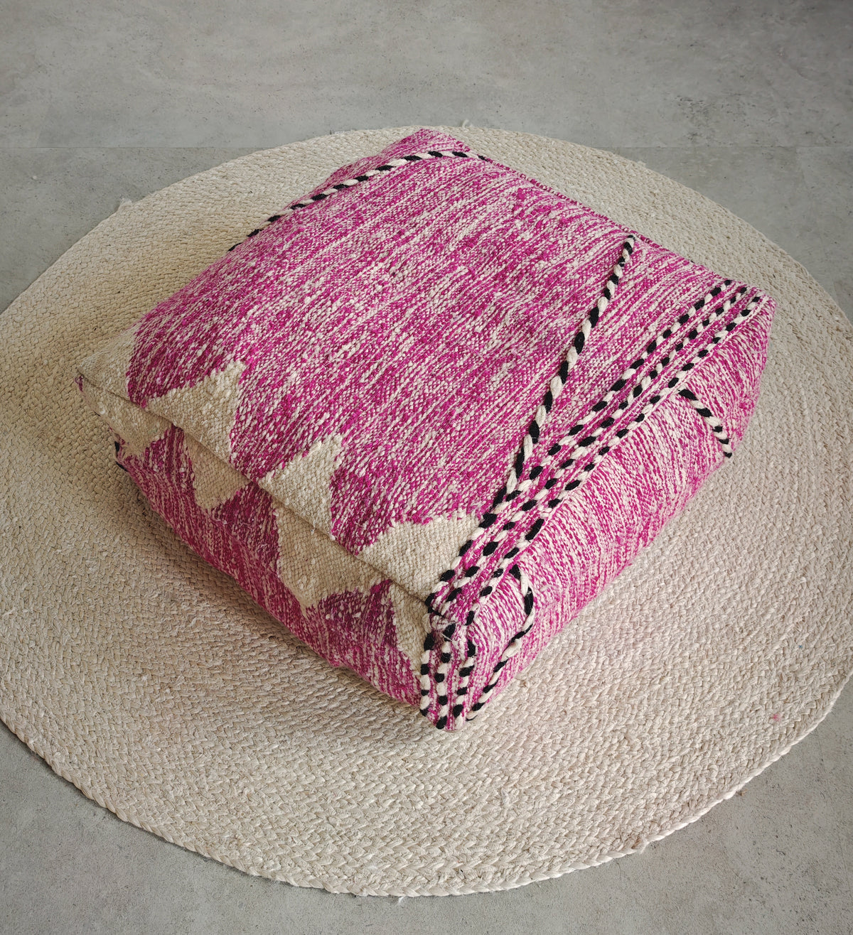 Vintage Berber Pouf from Morocco, Purple Kilim Floor Cushion, Handmade Wool Pouf with Geometric Patterns