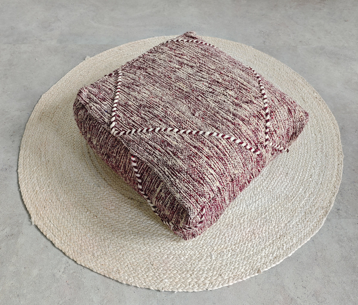 Vintage Berber Pouf from Morocco, Purple Kilim Floor Cushion, Handmade Wool Pouf with Geometric Patterns