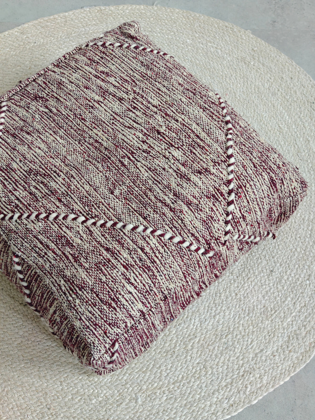 Vintage Berber Pouf from Morocco, Purple Kilim Floor Cushion, Handmade Wool Pouf with Geometric Patterns