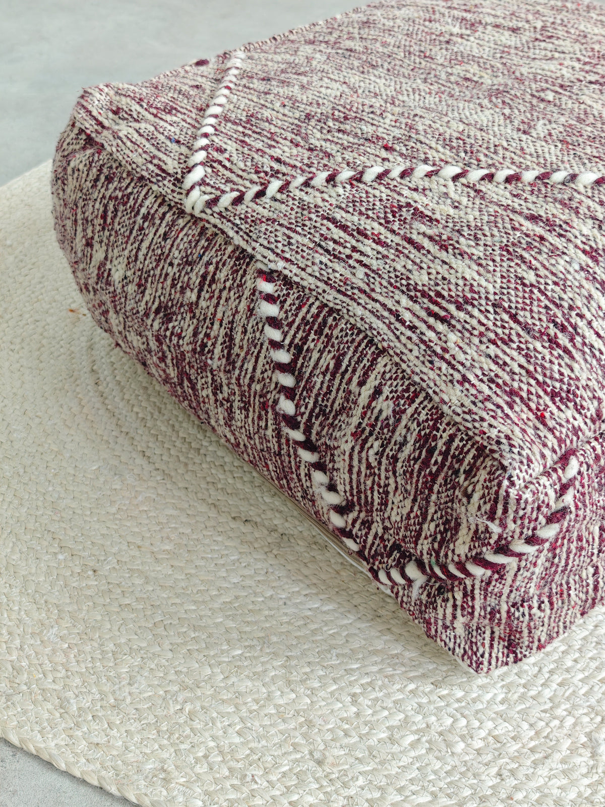 Vintage Berber Pouf from Morocco, Purple Kilim Floor Cushion, Handmade Wool Pouf with Geometric Patterns