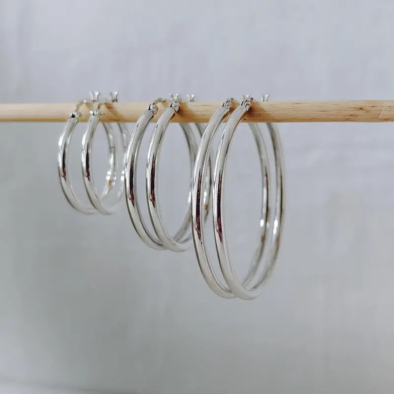 Runde Creolen aus 925 Silber in drei Größen, glänzende Sterling Silber Hoops