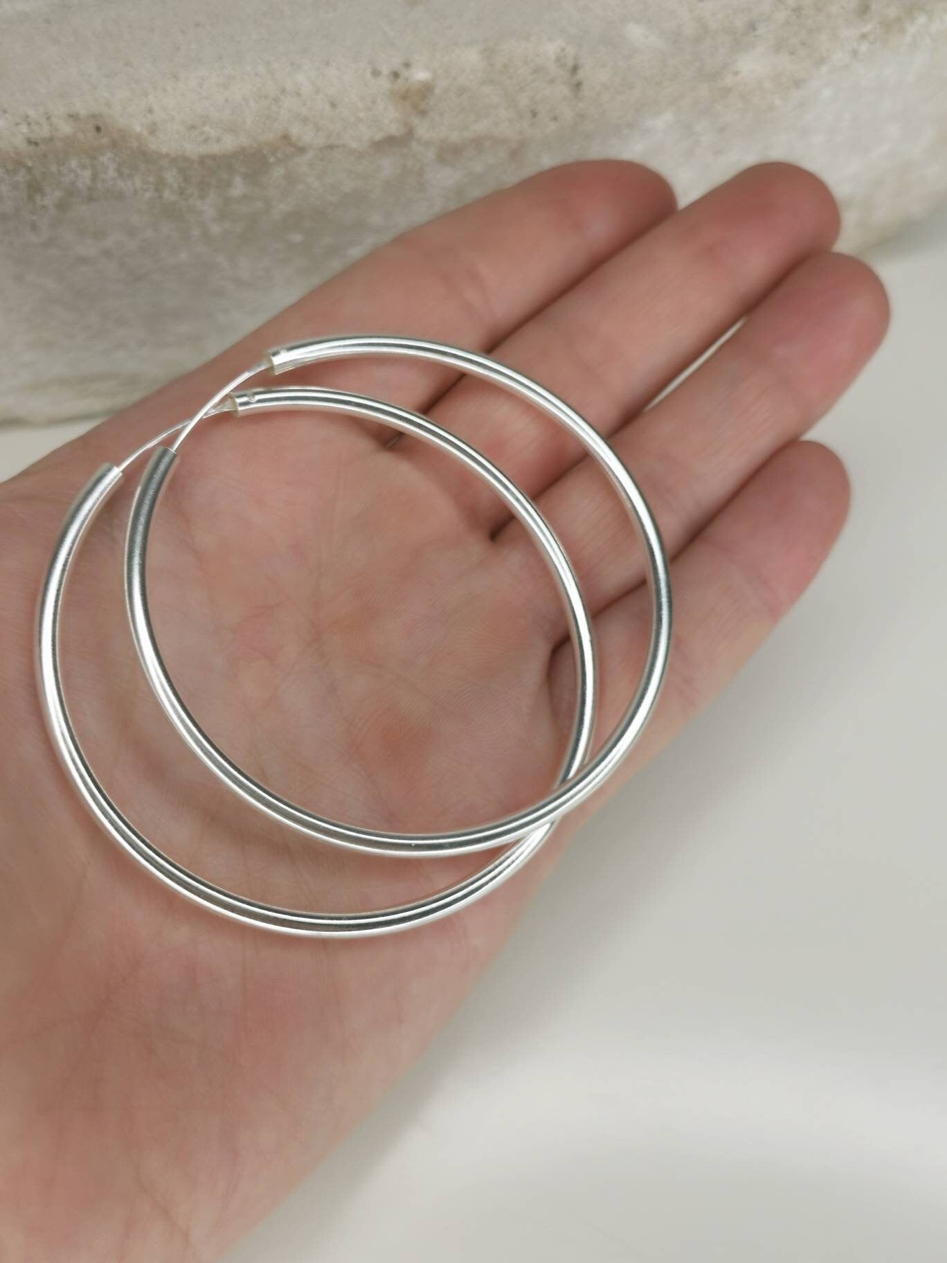 Boucles d'oreilles créoles en argent, créoles 60 mm x 3 mm, grandes créoles en argent, boucles d'oreilles minimalistes, créoles en argent 925