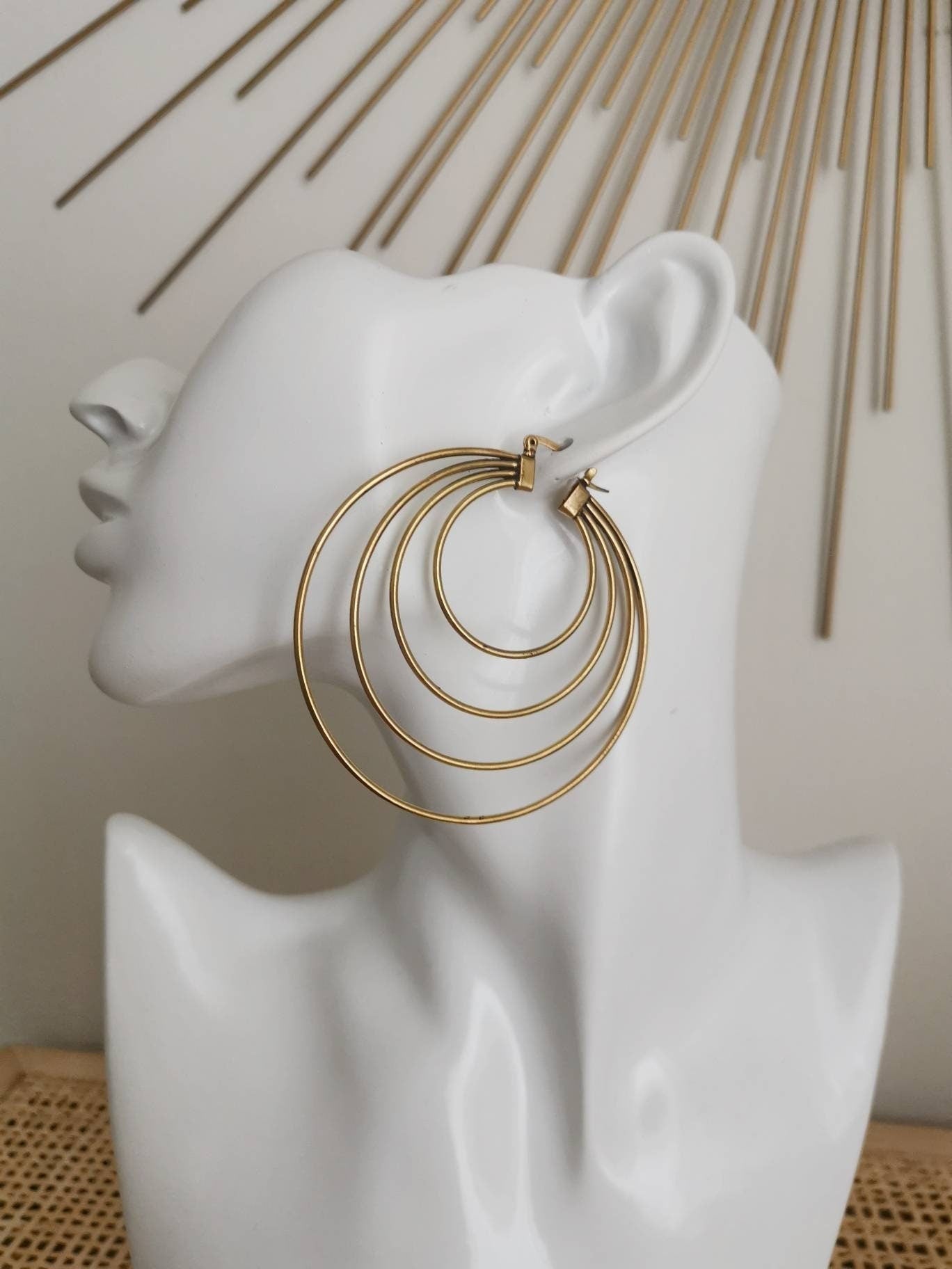 Grandes boucles d'oreilles créoles en laiton | Boucles d'oreilles tribales | Boucles d'oreilles en or | Boucles d'oreilles bohèmes | 4 boucles d'oreilles créoles | Créoles ethniques | Bijoux de fête | cocosy.berlin