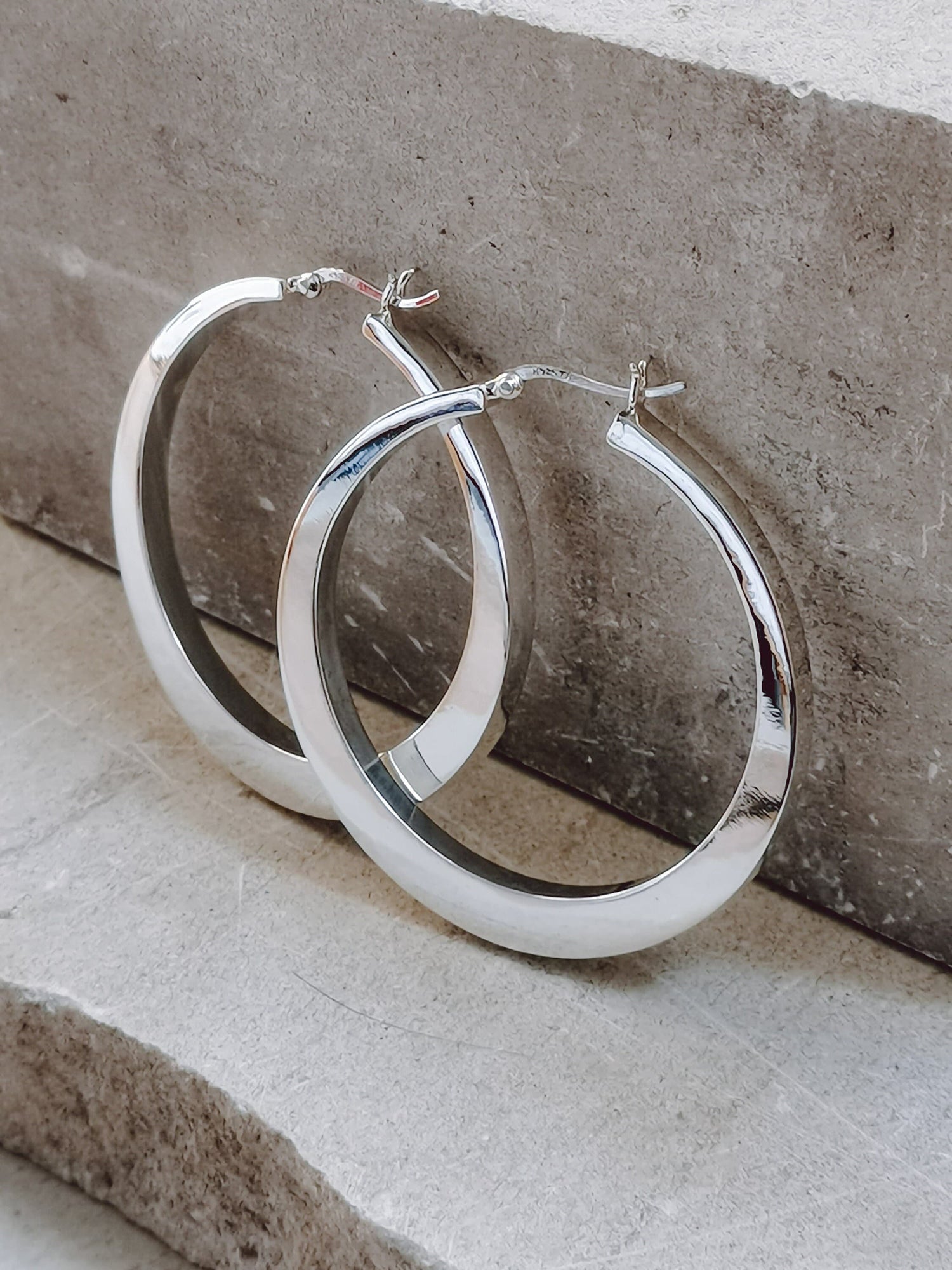 Boucles d'oreilles créoles plates et larges en argent 925, créoles épaisses en argent sterling