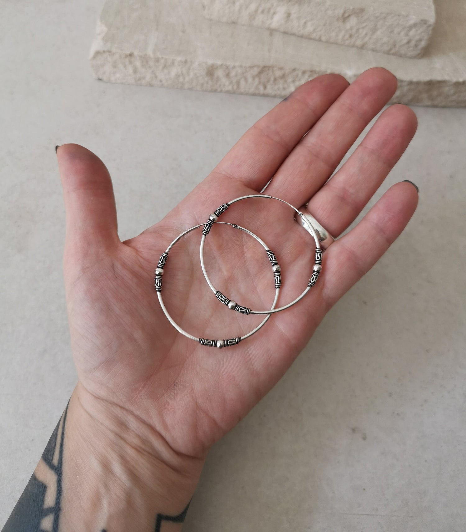 Créoles Bali en argent sterling, créoles en argent 925 50 mm, créoles Bali bohème hippie 5 cm