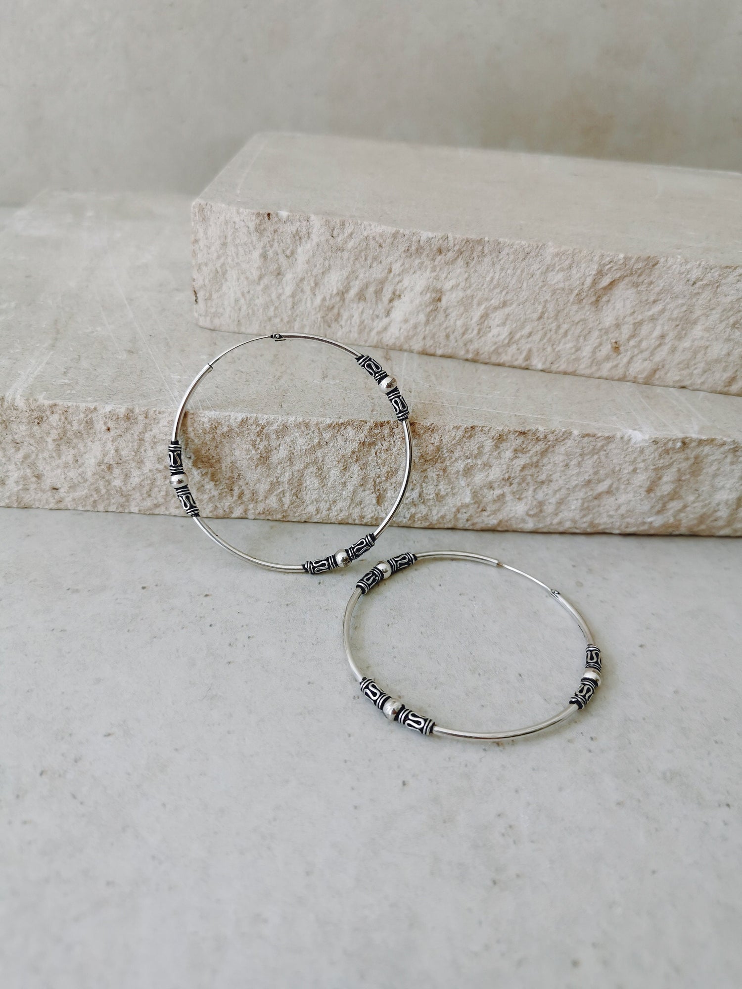 Sterling silver Bali hoop earrings, 925 silver hoop earrings 50 mm, boho hippie Bali hoop earrings 5 ​​cm