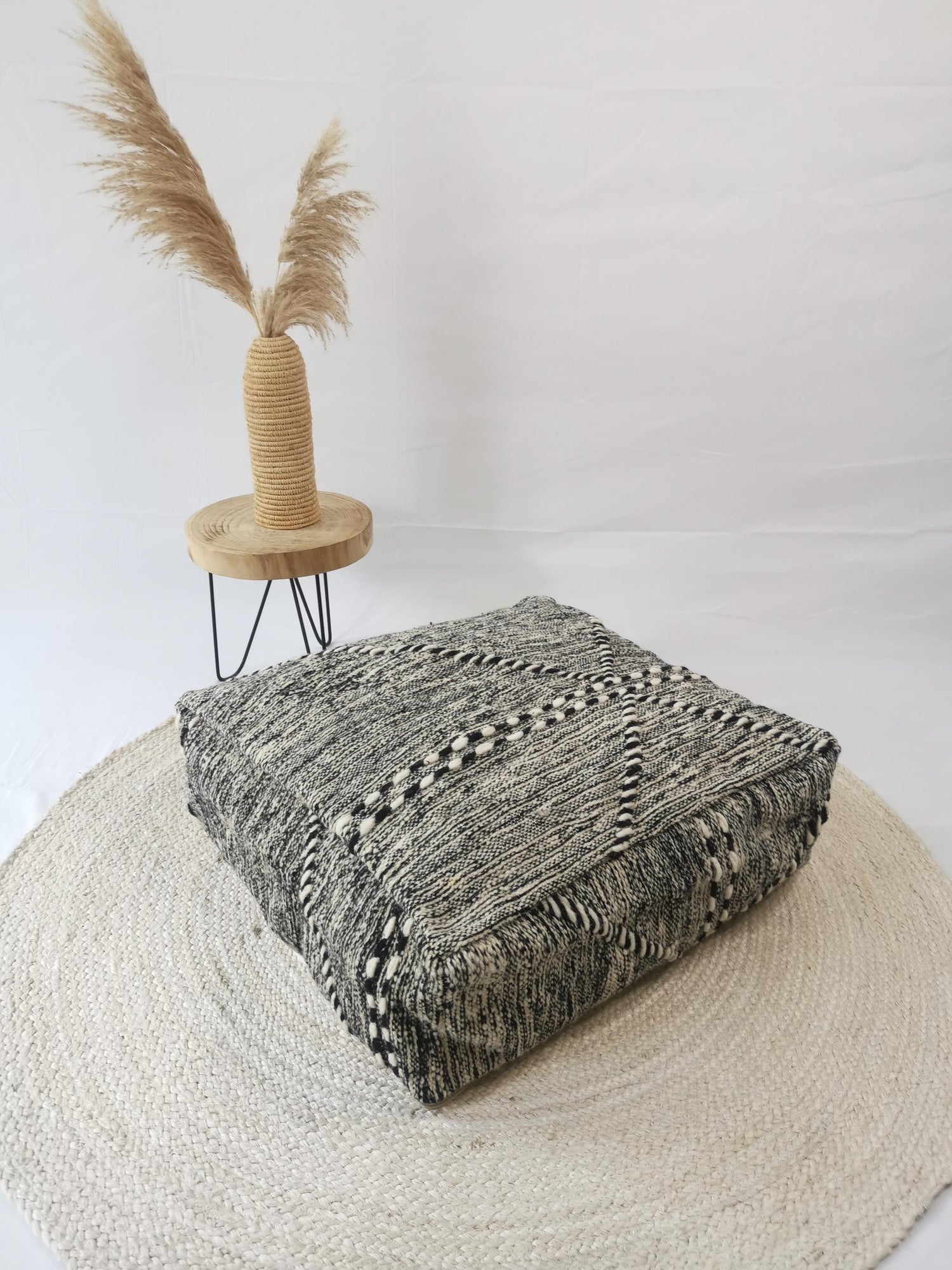Moroccan Vintage Pouf, Berber Floor Cushion, Wool Seat Cushion, Vintage Floor Pillow, Home Decor Eclectic