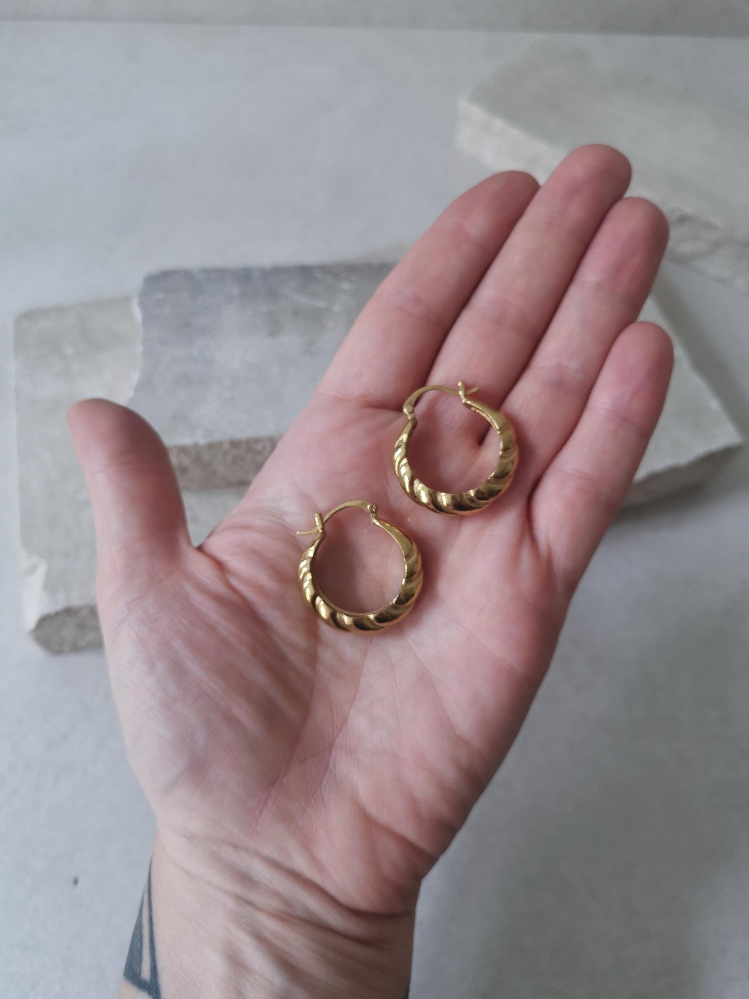 Croissant hoop earrings brass gold, hoop earrings twisted braided twisted, golden round earrings