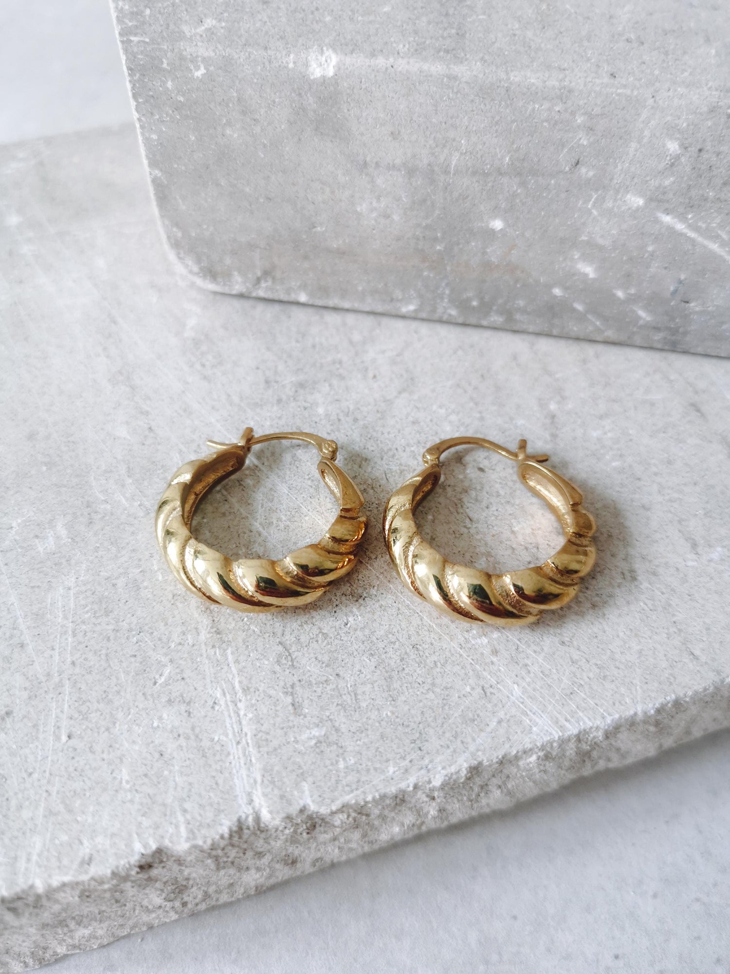 Croissant hoop earrings brass gold, hoop earrings twisted braided twisted, golden round earrings