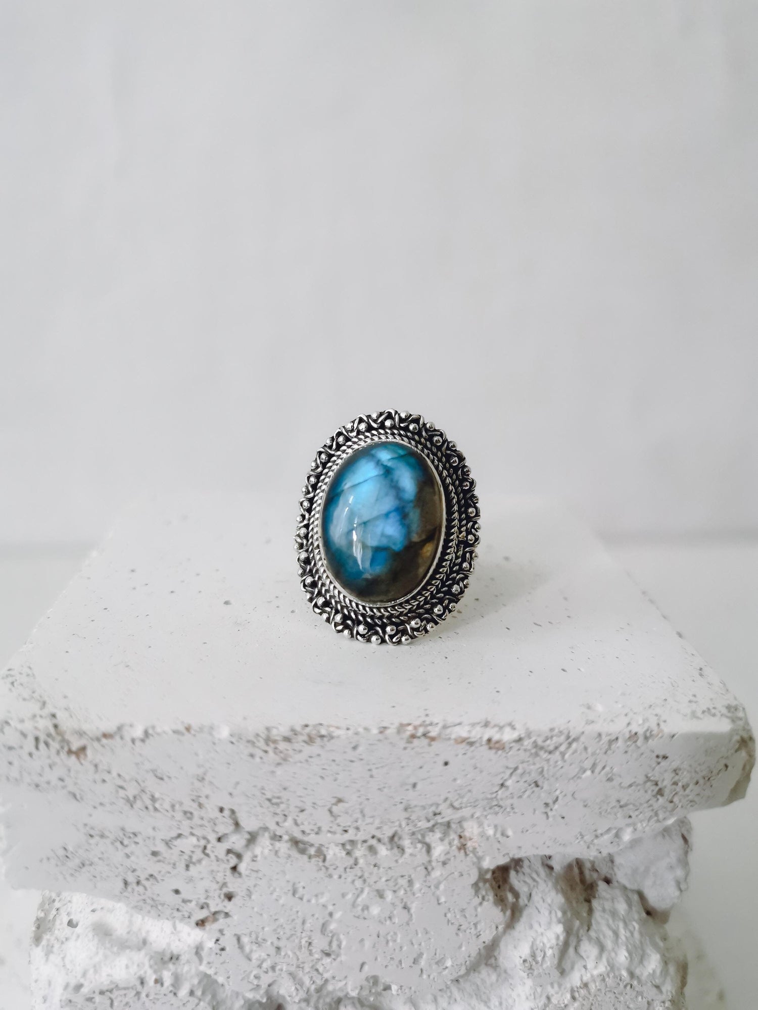 Statement 925 Silber Ring mit Labradorit, Grosser Ethno Labradorit Silberring, Boho Hippie Ring Sterling Silber