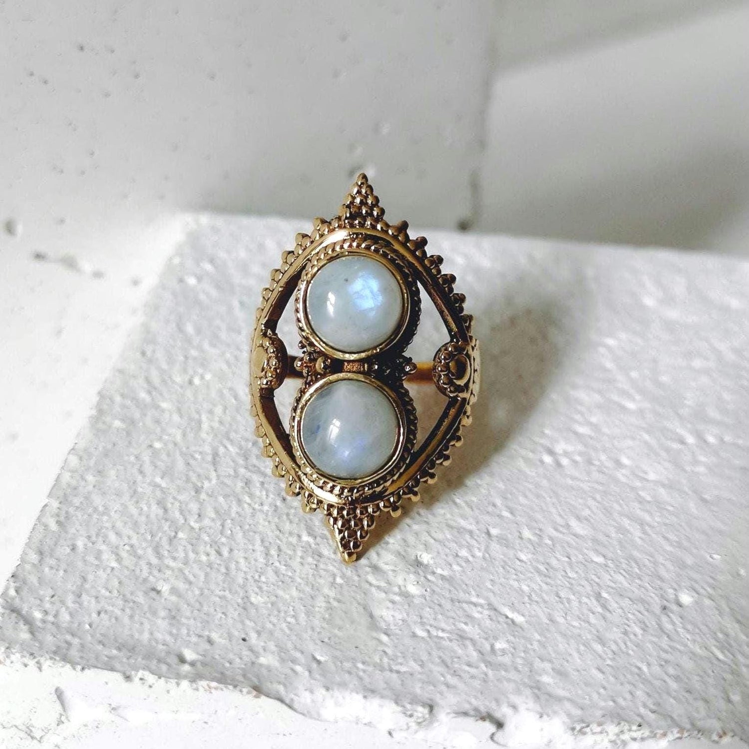 Statement ring with moonstone, large moonstone ring, tribal ring, boho ring, golden brass ring moonstone