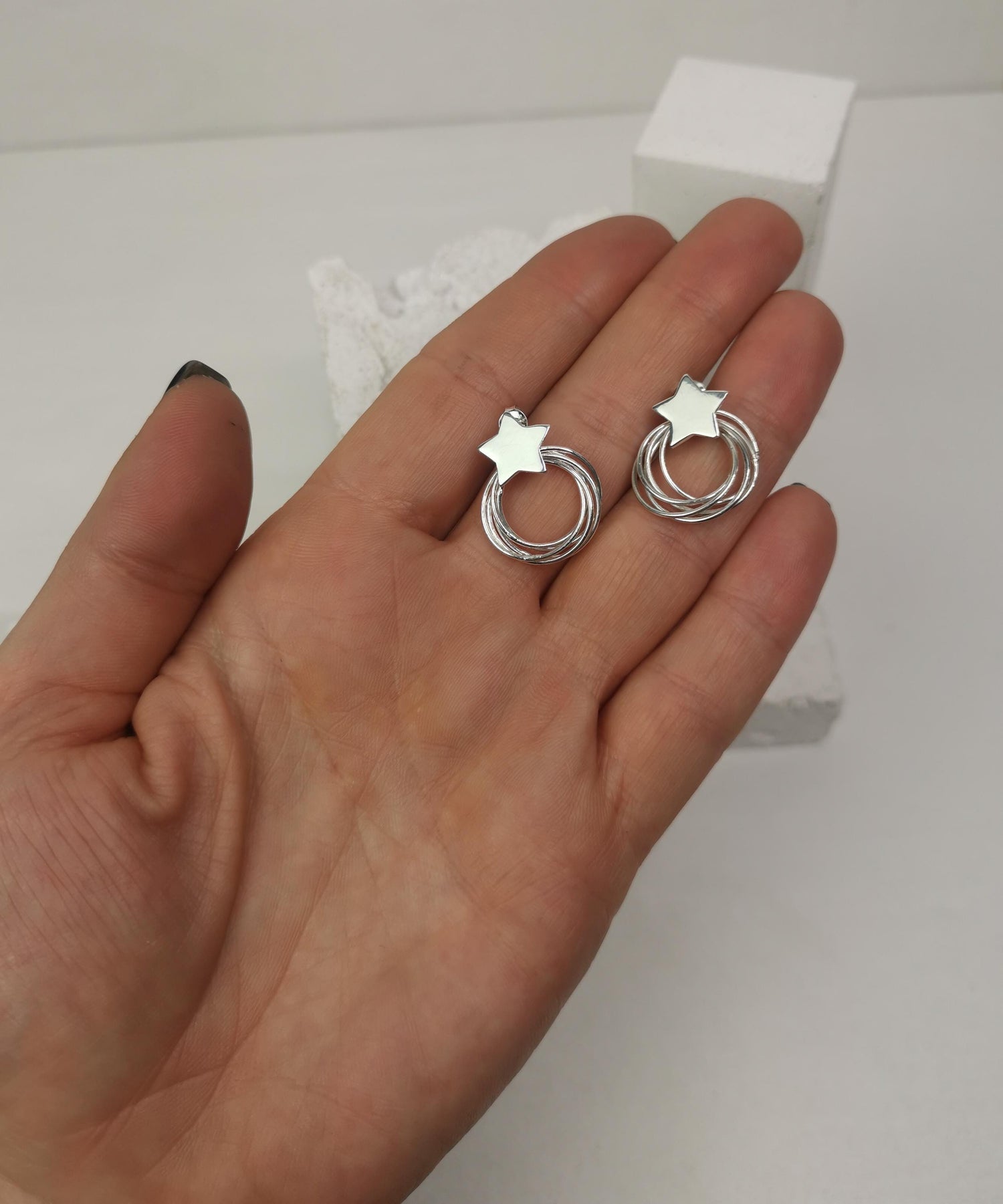 Circle and star earrings made of 925 silver, small star earrings