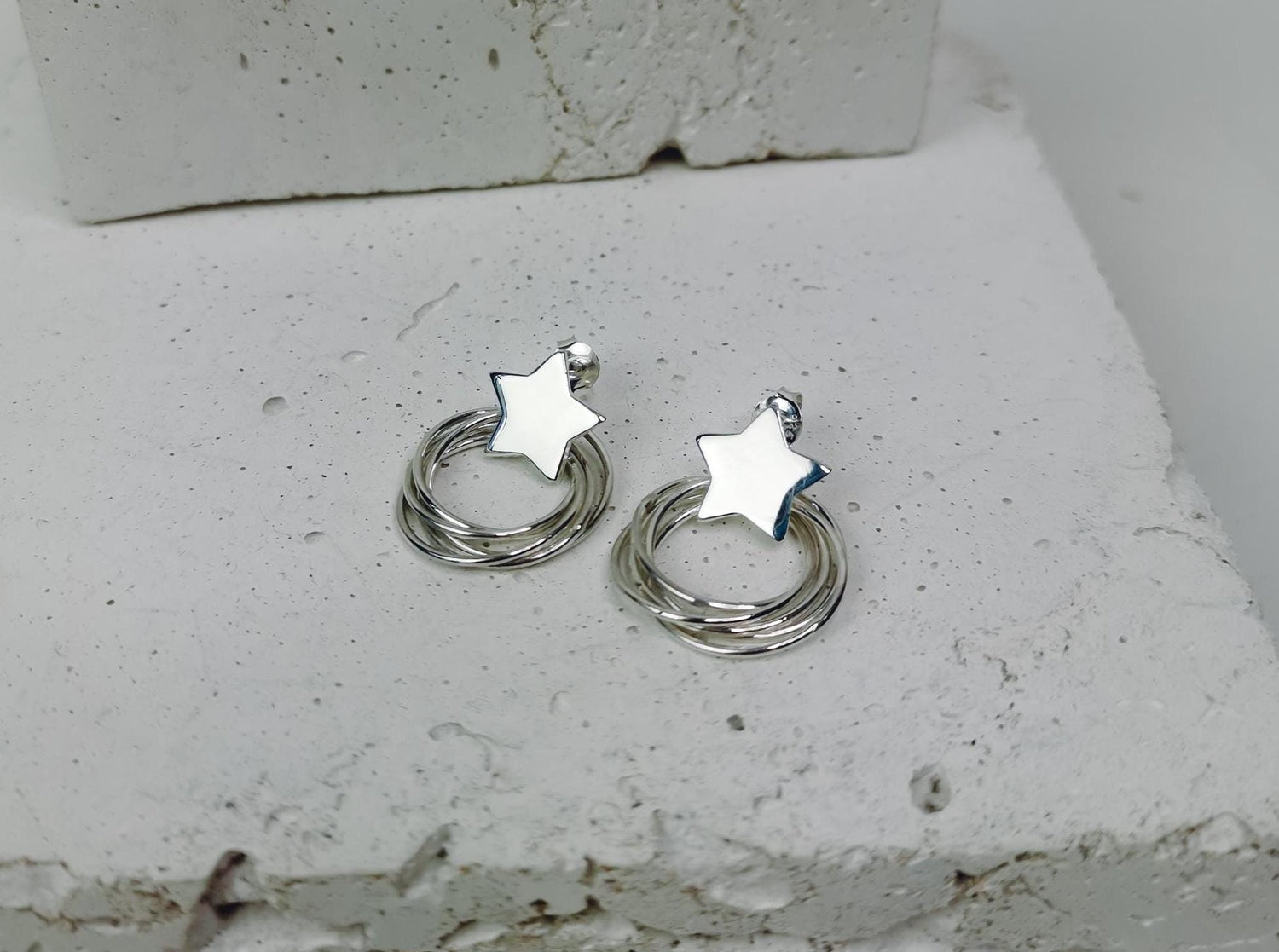 Circle and star earrings made of 925 silver, small star earrings