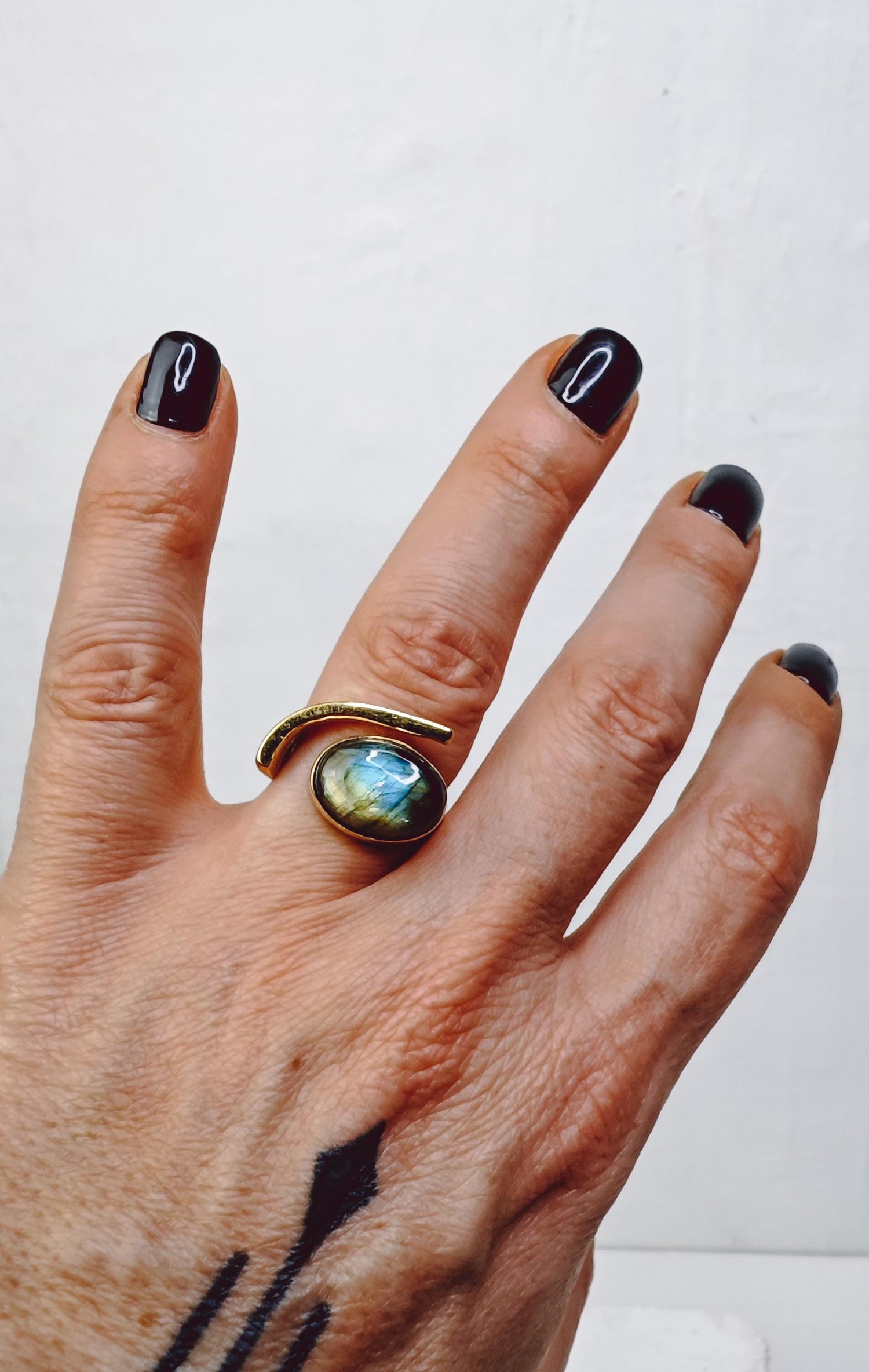 Large adjustable labradorite ring with oval stone, statement ring, golden brass ring with labradorite