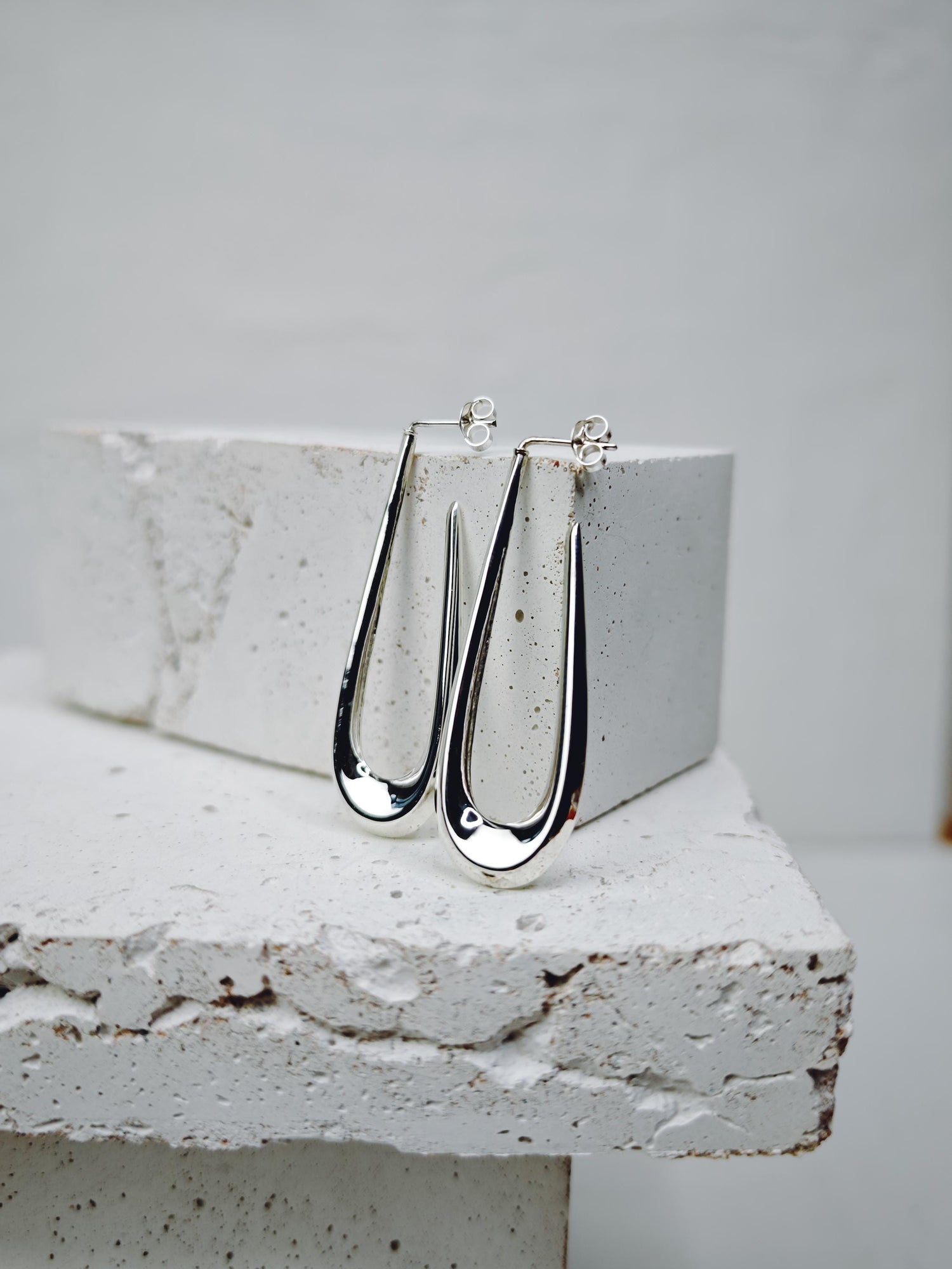Long open oval 925 silver hoop earrings, minimalist stud earrings, sterling silver hoop earrings oval