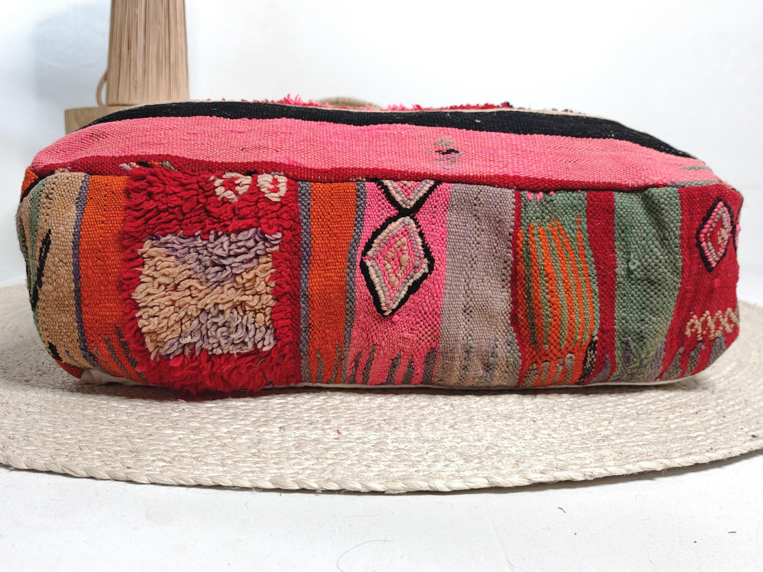 Pouf marocain, coussin de sol Beni Ourain coloré à motif géométrique, coussin d'assise bohème en laine, fait main
