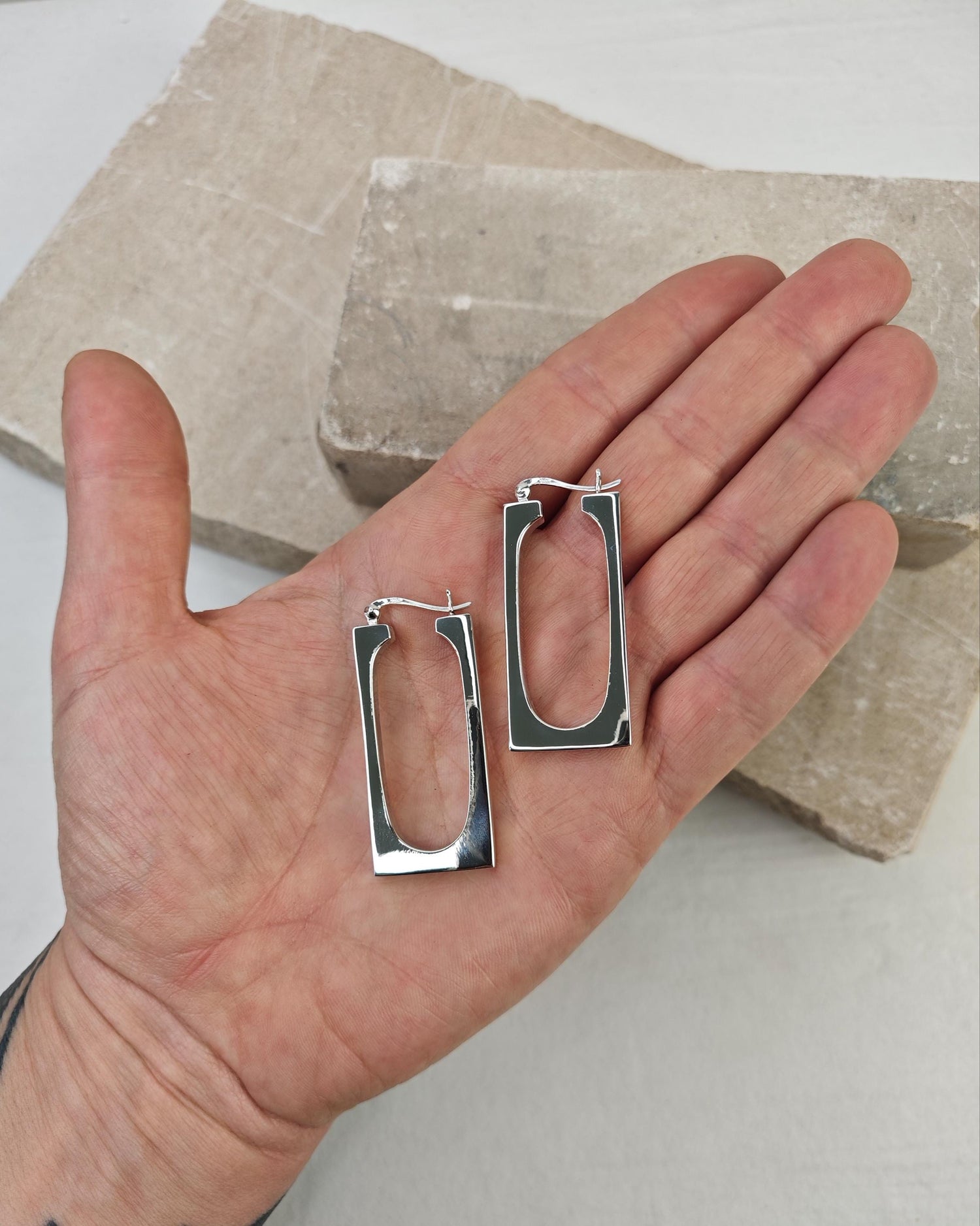 Chunky Silver 925 Hoop Earrings, Geometric Earrings, Rectangular, Minimalist, Rectangle Earrings, Silver Earrings, Statement Hoop Earrings