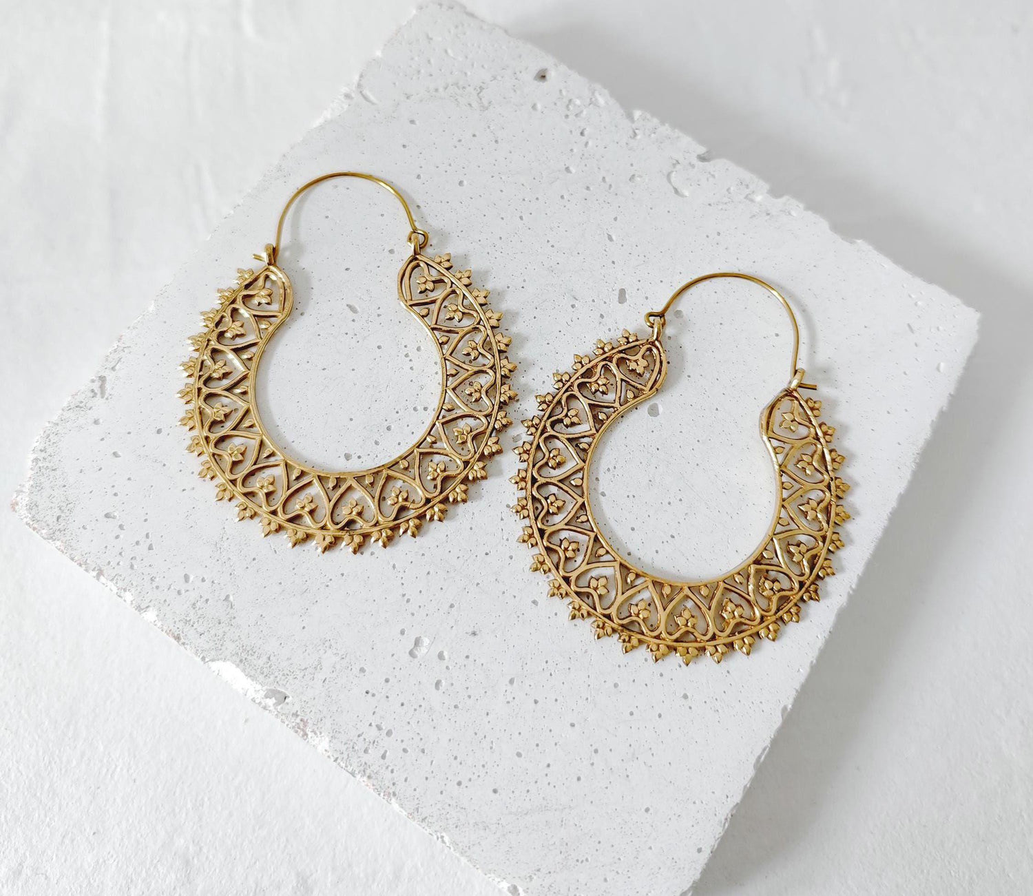 Large golden mandala brass hoop earrings, Indian brass earrings, boho hippie earrings with heart design