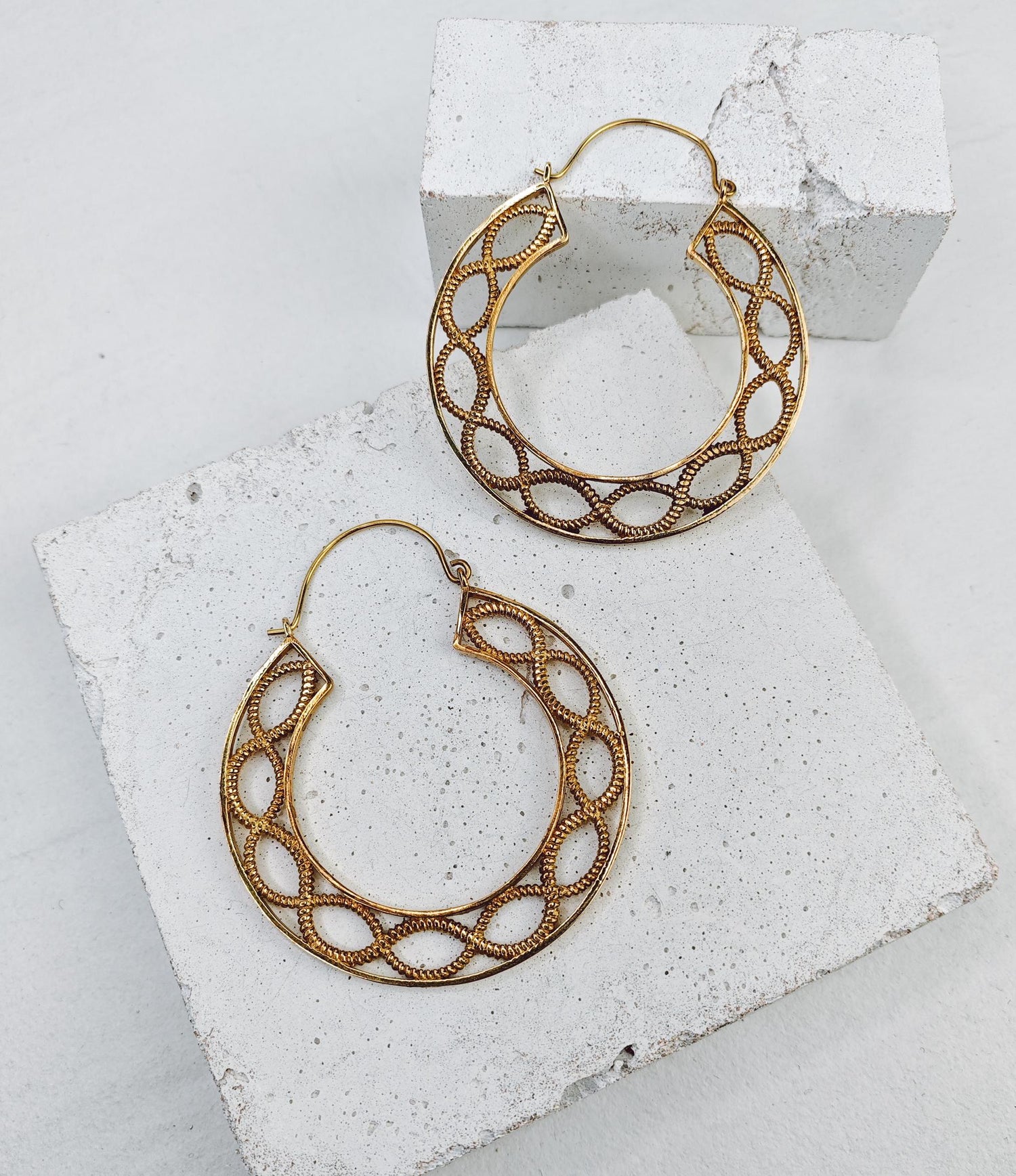 Large golden mandala brass hoop earrings, Indian brass earrings, boho hippie earrings