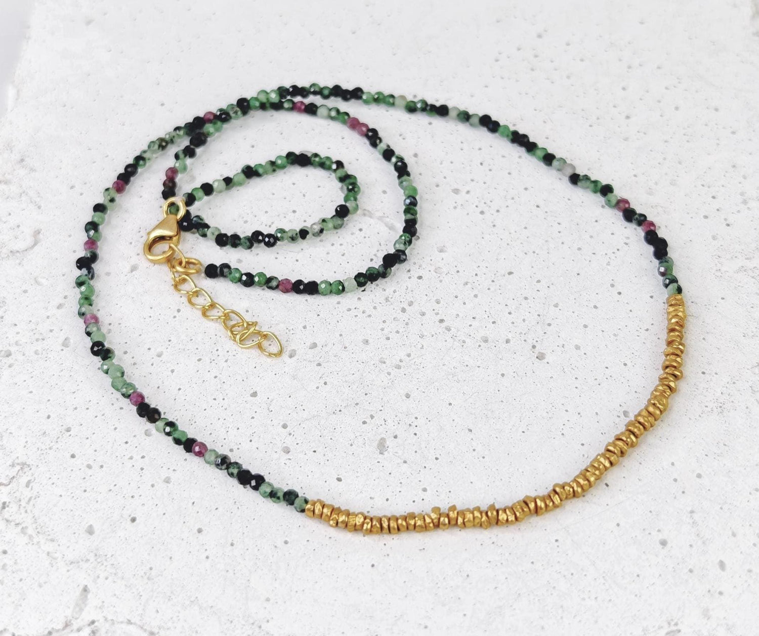 Ruby Zoisite Necklace, 925 Silver 18K Gold Plated Nugget Beads, Ruby Choker, Gemstone Bead Necklace, Ruby Zoisite Bead Necklace