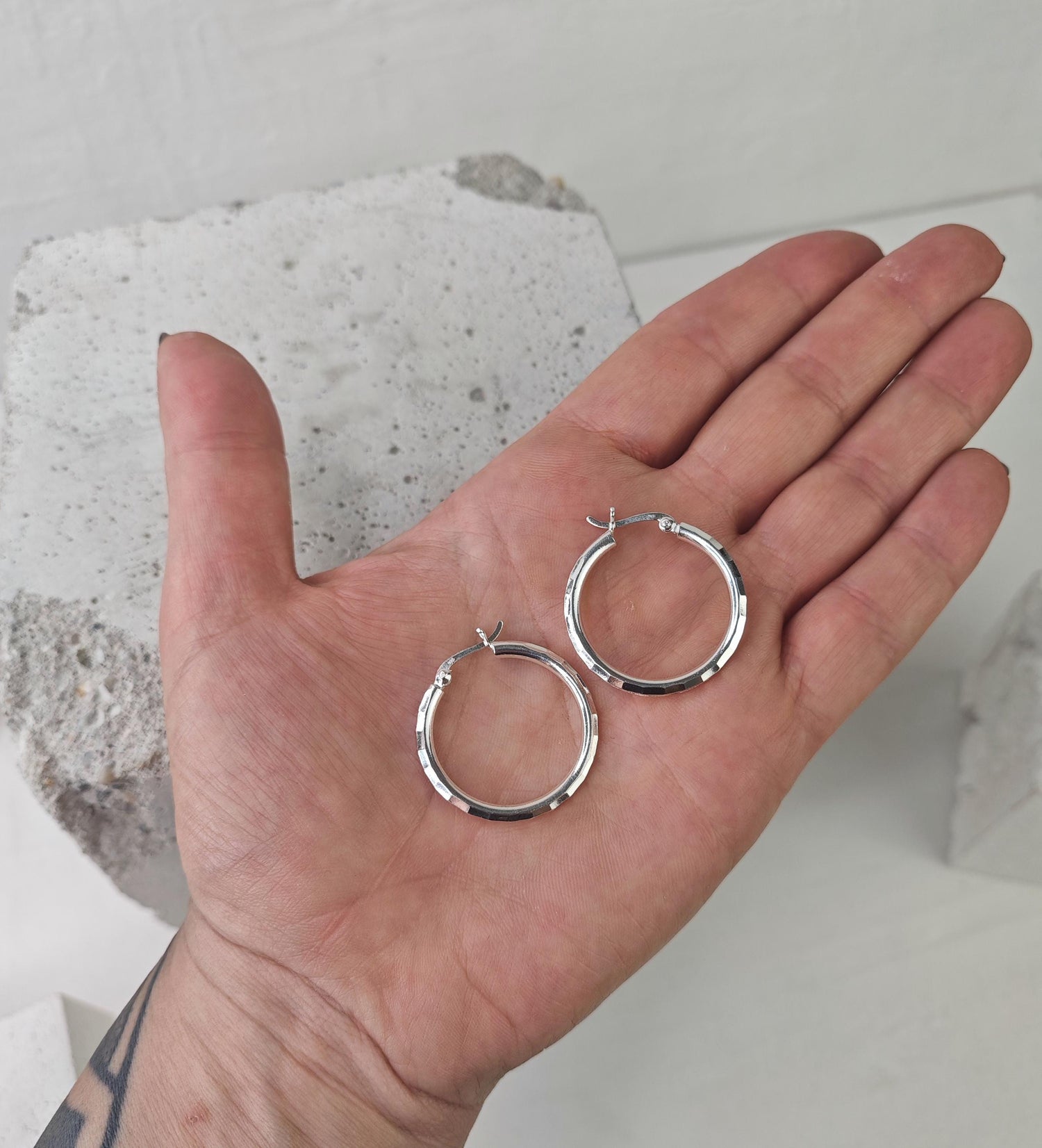 Faceted hoop earrings made of 925 silver, disco ball silver earrings