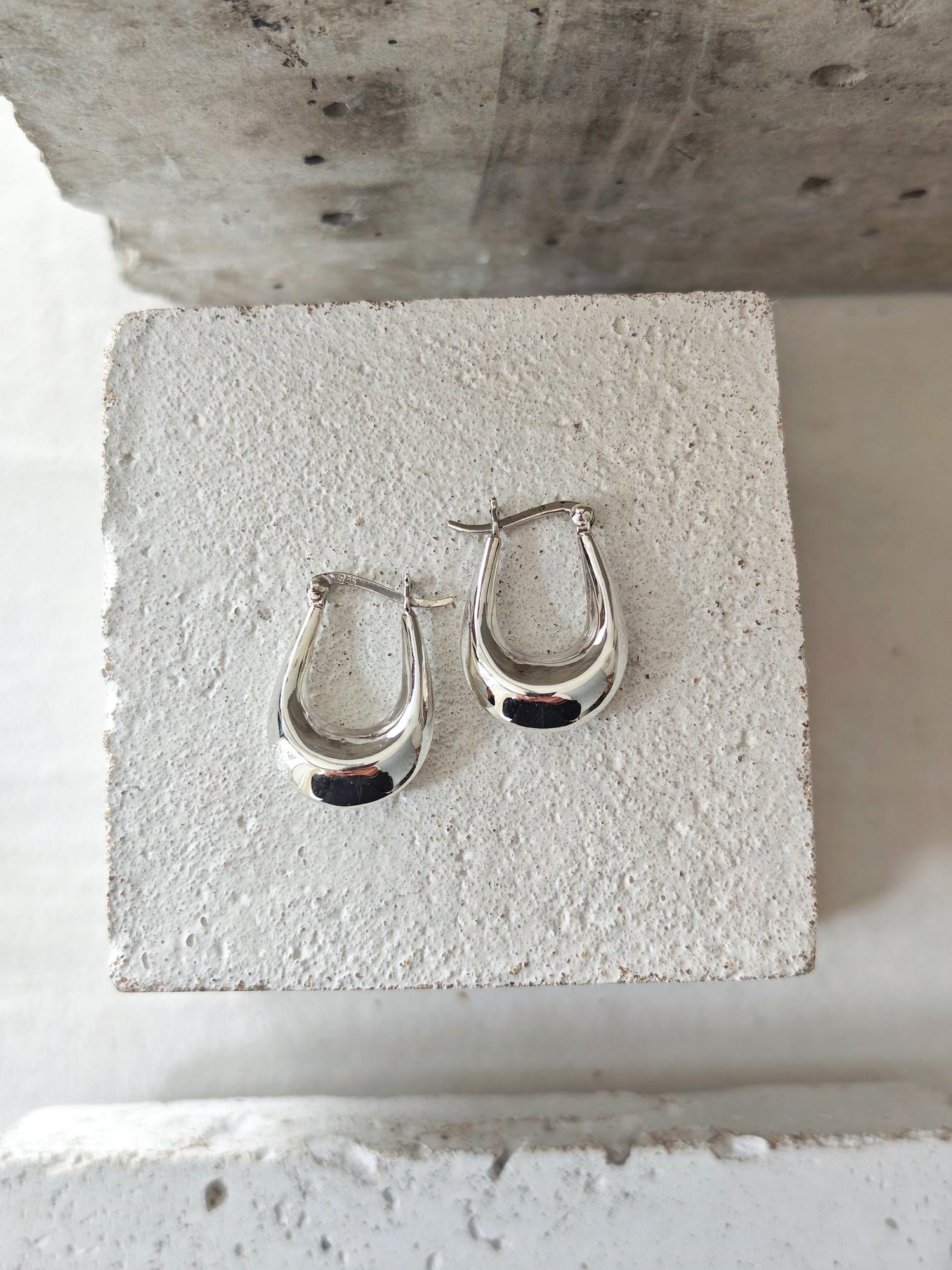 Wide small oval 925 silver hoop earrings 25 mm, drop earrings