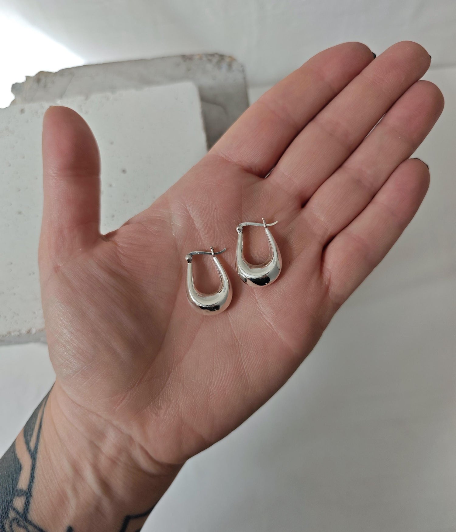 Wide small oval 925 silver hoop earrings 25 mm, drop earrings