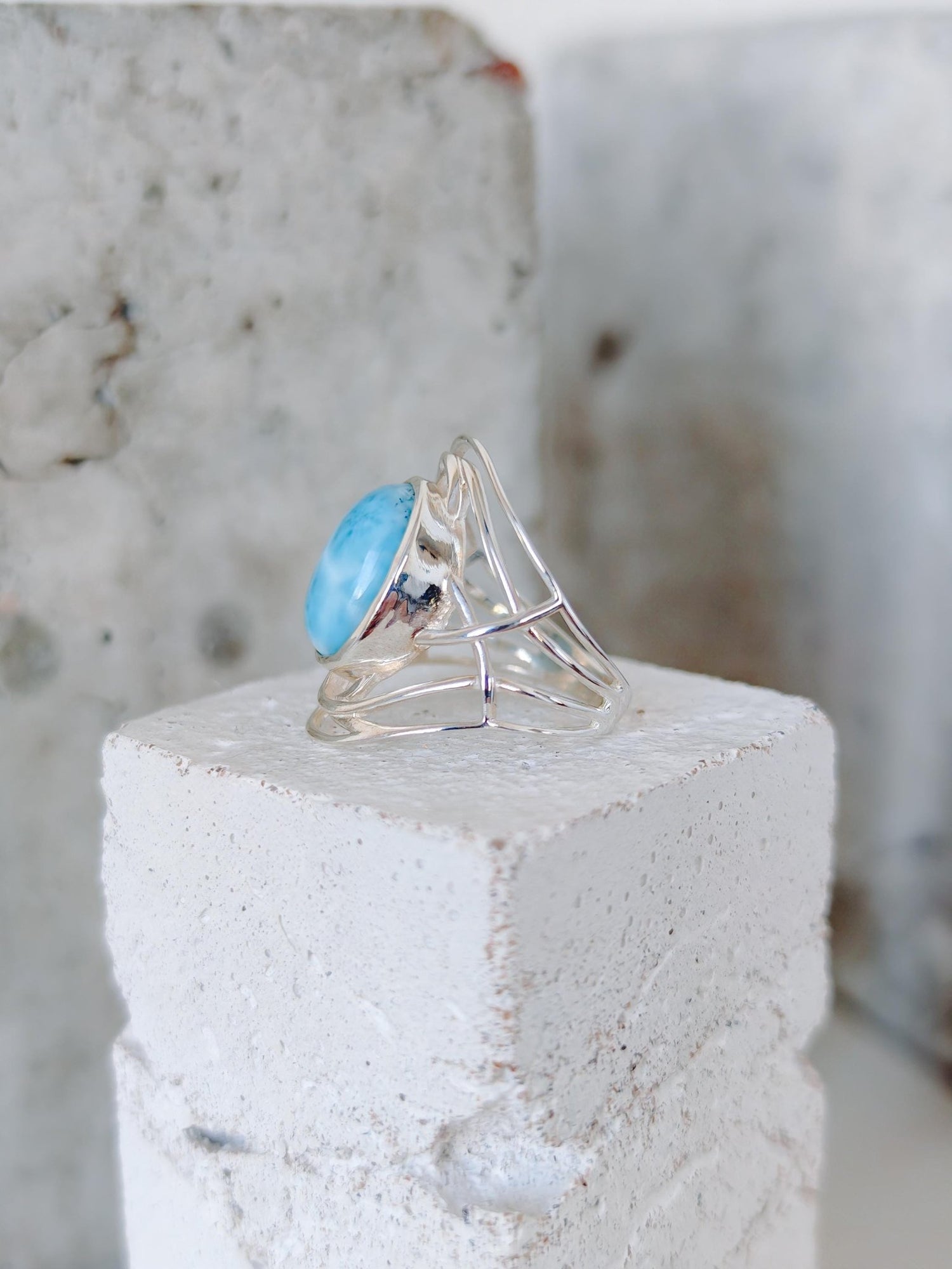 Larimar Ring 925 Silber, Statement Silberring mit Larimar Stein, Boho Sommer Ring - CocosyBerlin