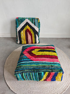 Marokkanischer Pouf bunt mit geometrischen Muster, Upcyling Pouf aus Stoffresten, Boho Sitzkissen - CocosyBerlin