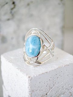 Larimar Ring 925 Silber, Statement Silberring mit Larimar Stein, Boho Sommer Ring - CocosyBerlin