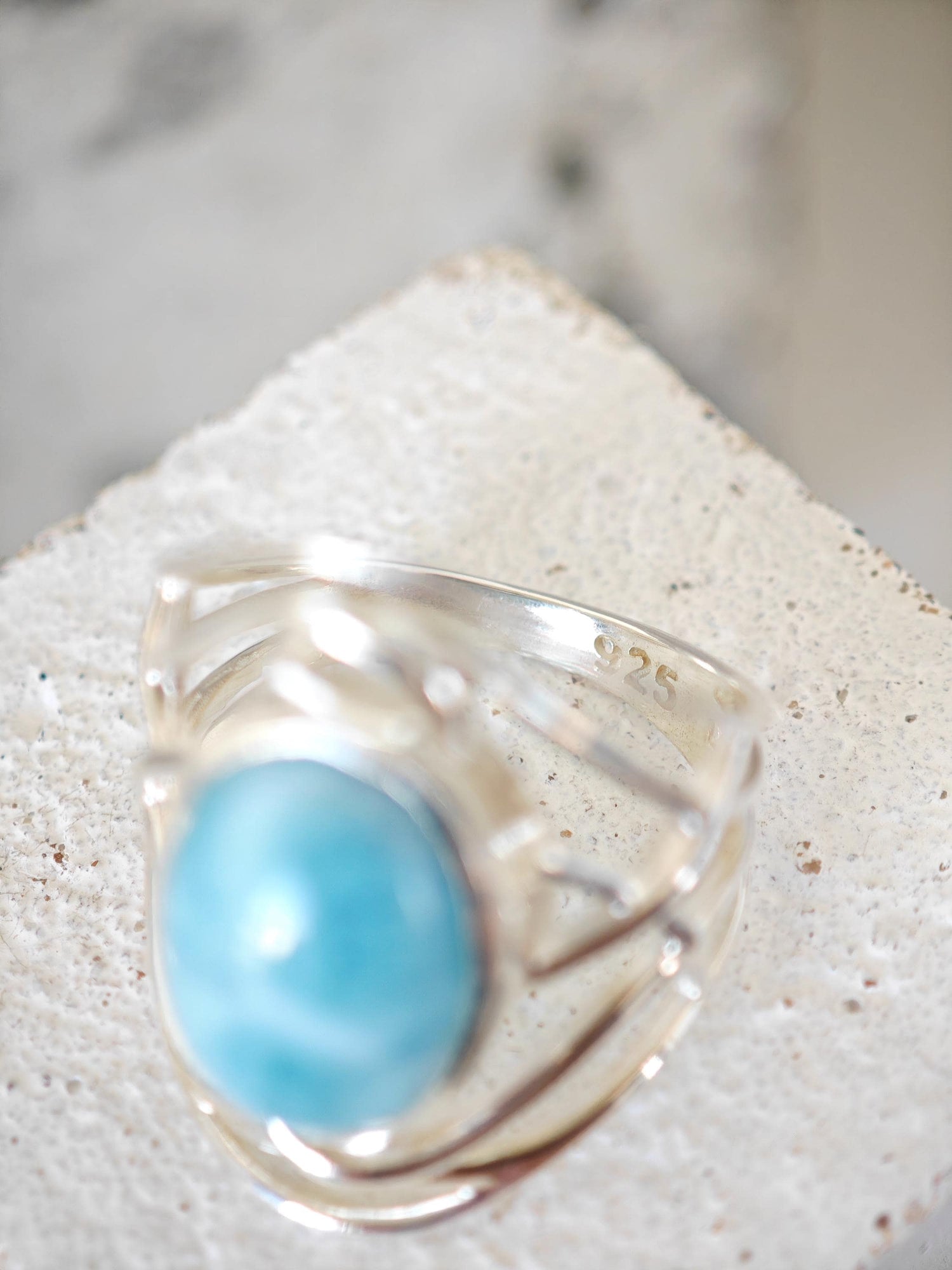 Larimar Ring 925 Silber, Statement Silberring mit Larimar Stein, Boho Sommer Ring - CocosyBerlin