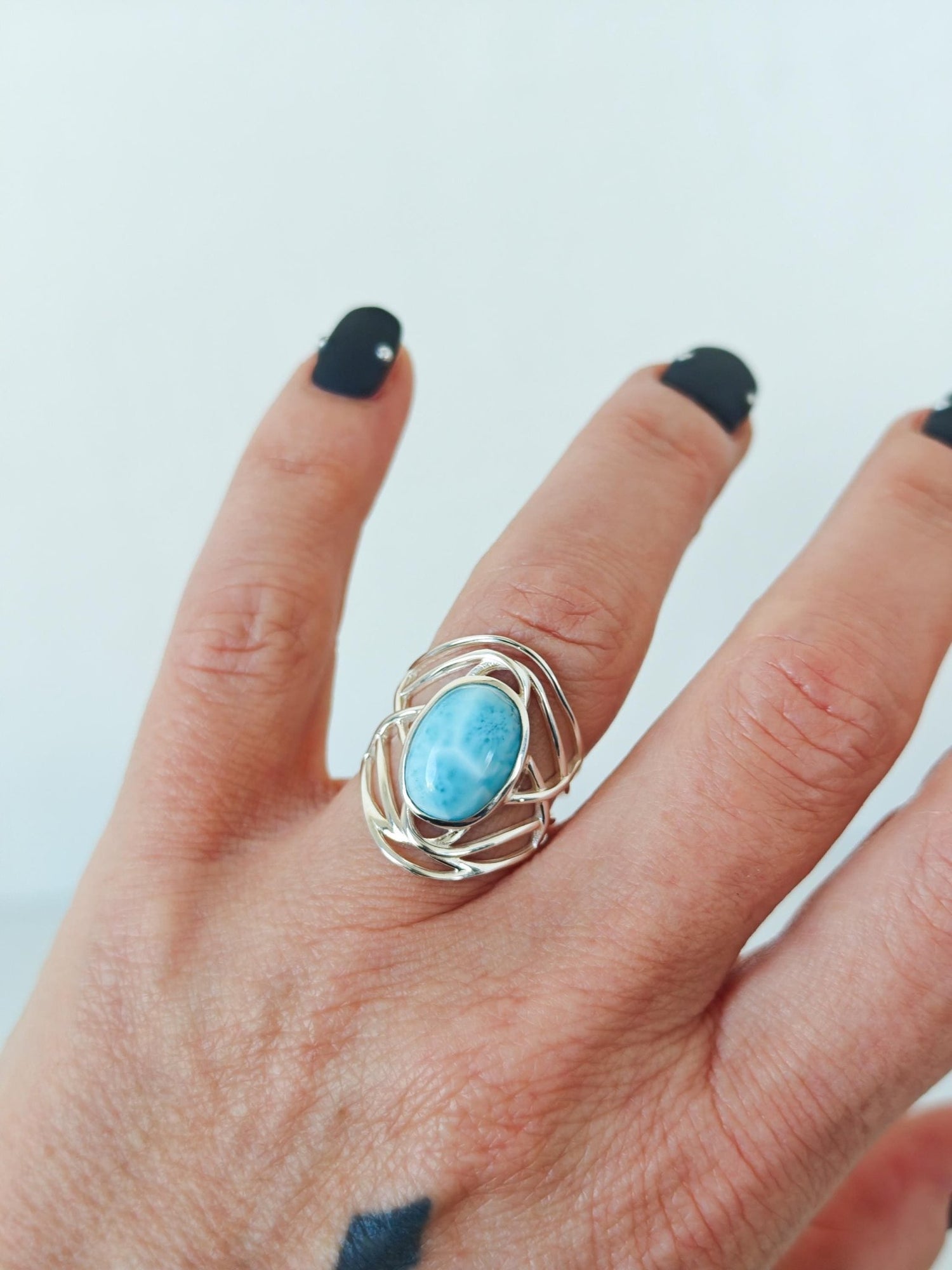 Larimar Ring 925 Silber, Statement Silberring mit Larimar Stein, Boho Sommer Ring - CocosyBerlin