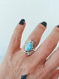 Larimar Ring 925 Silber, Statement Silberring mit Larimar Stein, Boho Sommer Ring - CocosyBerlin