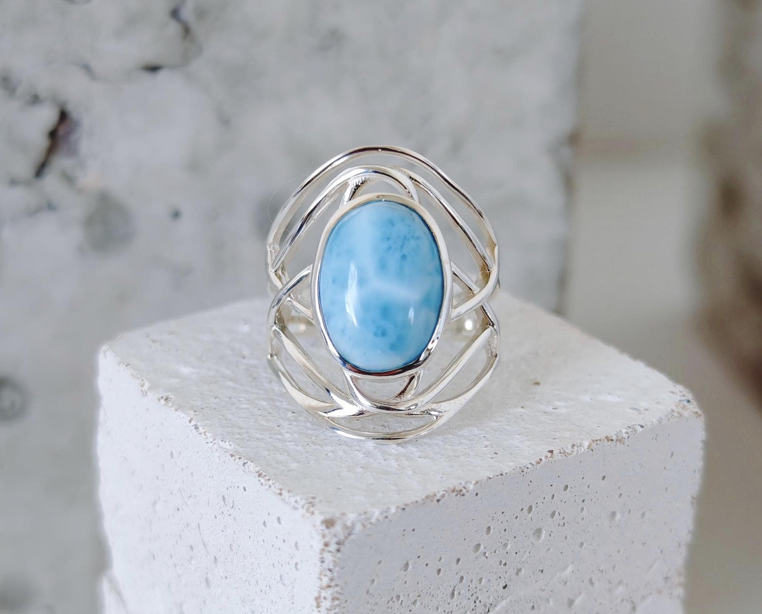 Larimar Ring 925 Silber, Statement Silberring mit Larimar Stein, Boho Sommer Ring - CocosyBerlin